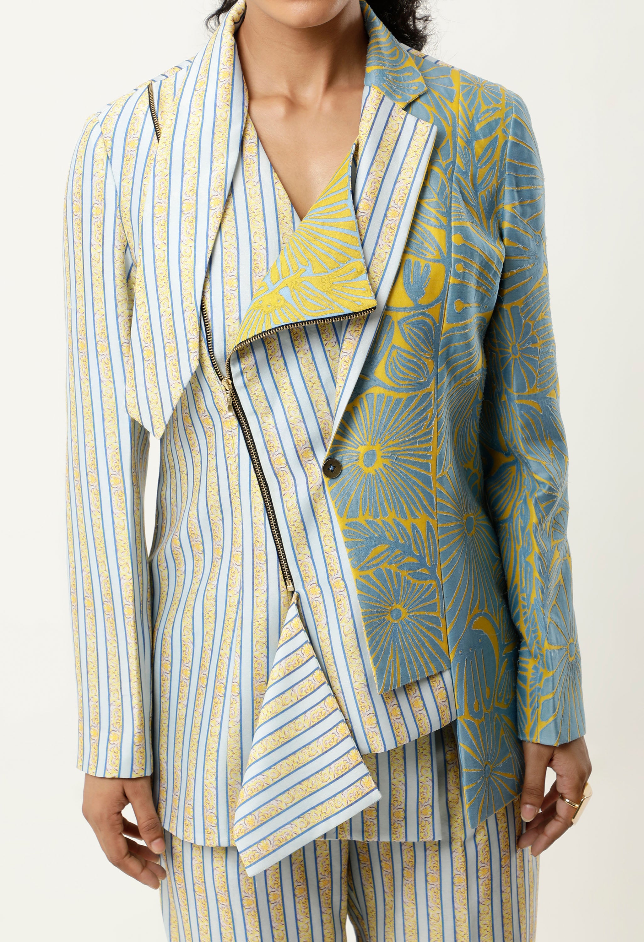 STRIPED PRINTED/EMB CHANDERI JACKET WITH PANTS