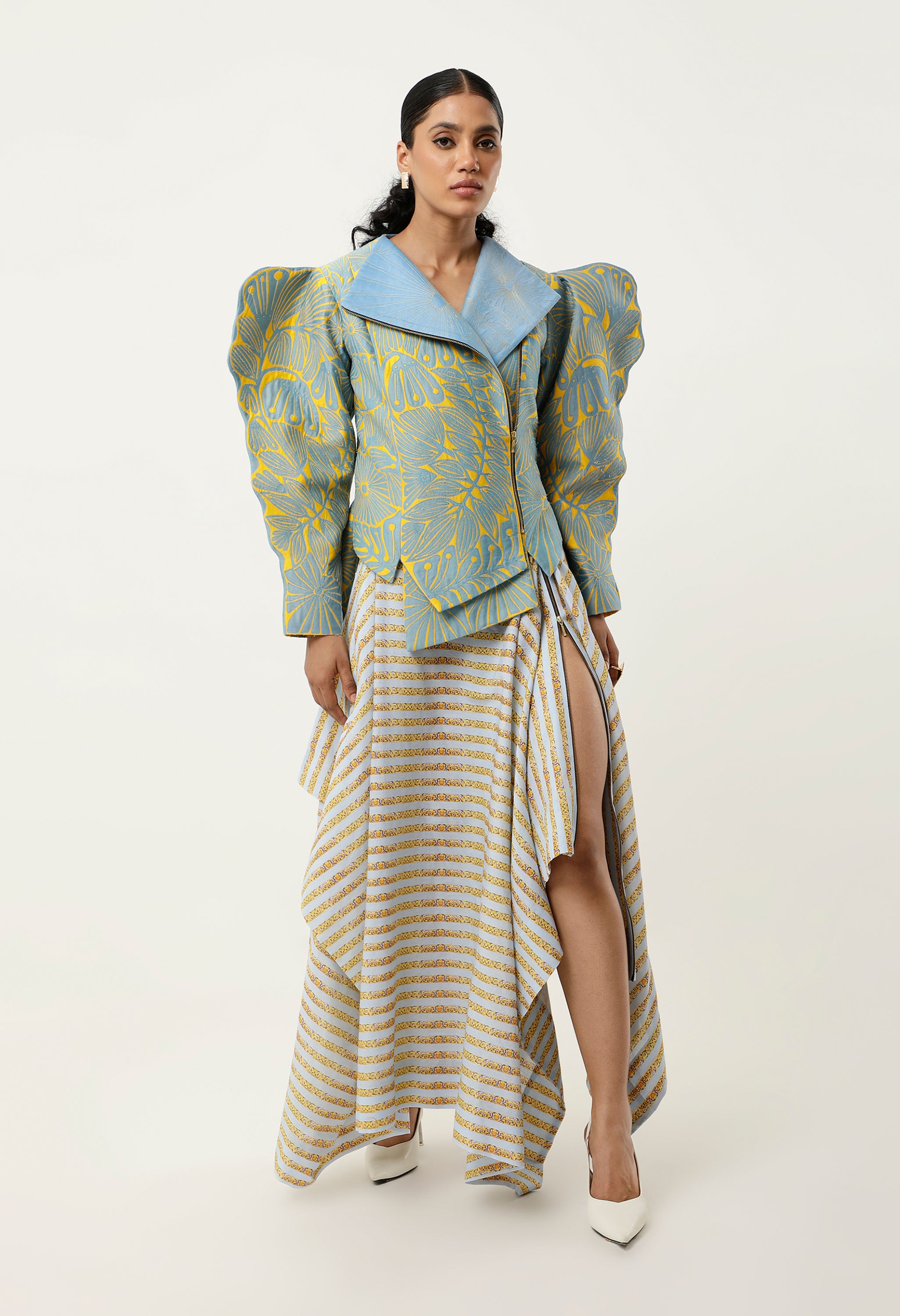 3D SLEEVED FLORAL CUTWORK JACKET WITH ASSYMETRICAL LINEN SKIRT