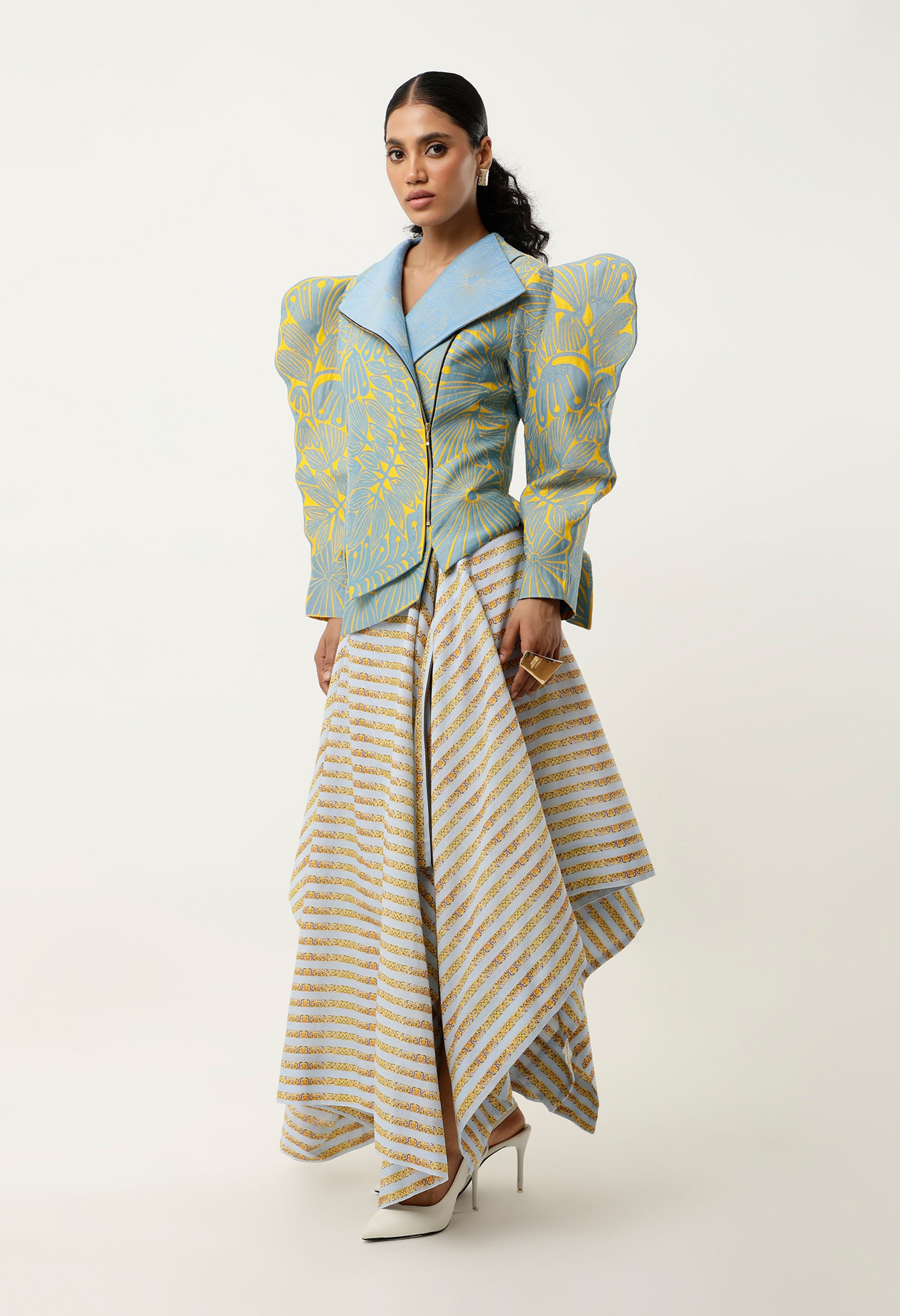 3D SLEEVED FLORAL CUTWORK JACKET WITH ASSYMETRICAL LINEN SKIRT