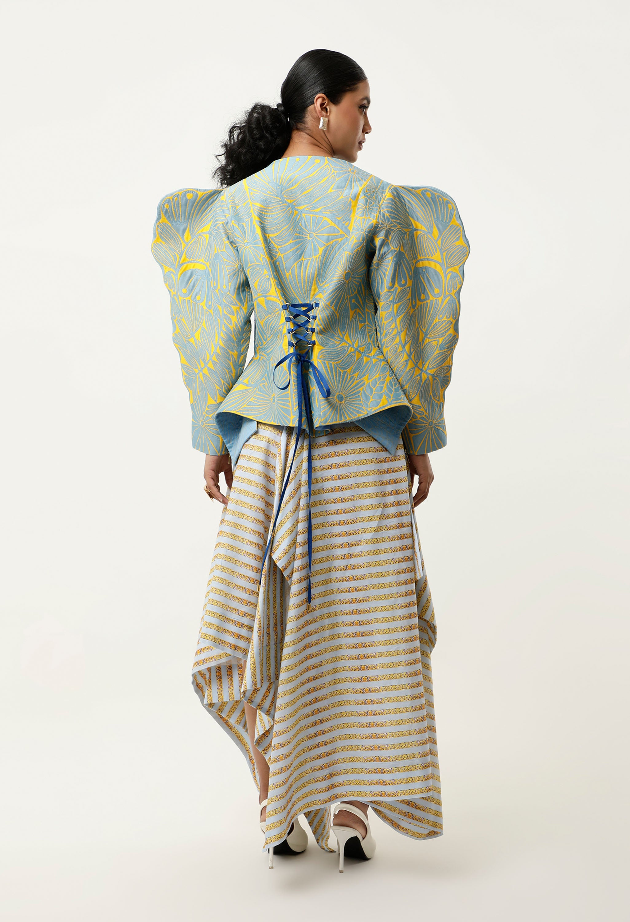 3D SLEEVED FLORAL CUTWORK JACKET WITH ASSYMETRICAL LINEN SKIRT