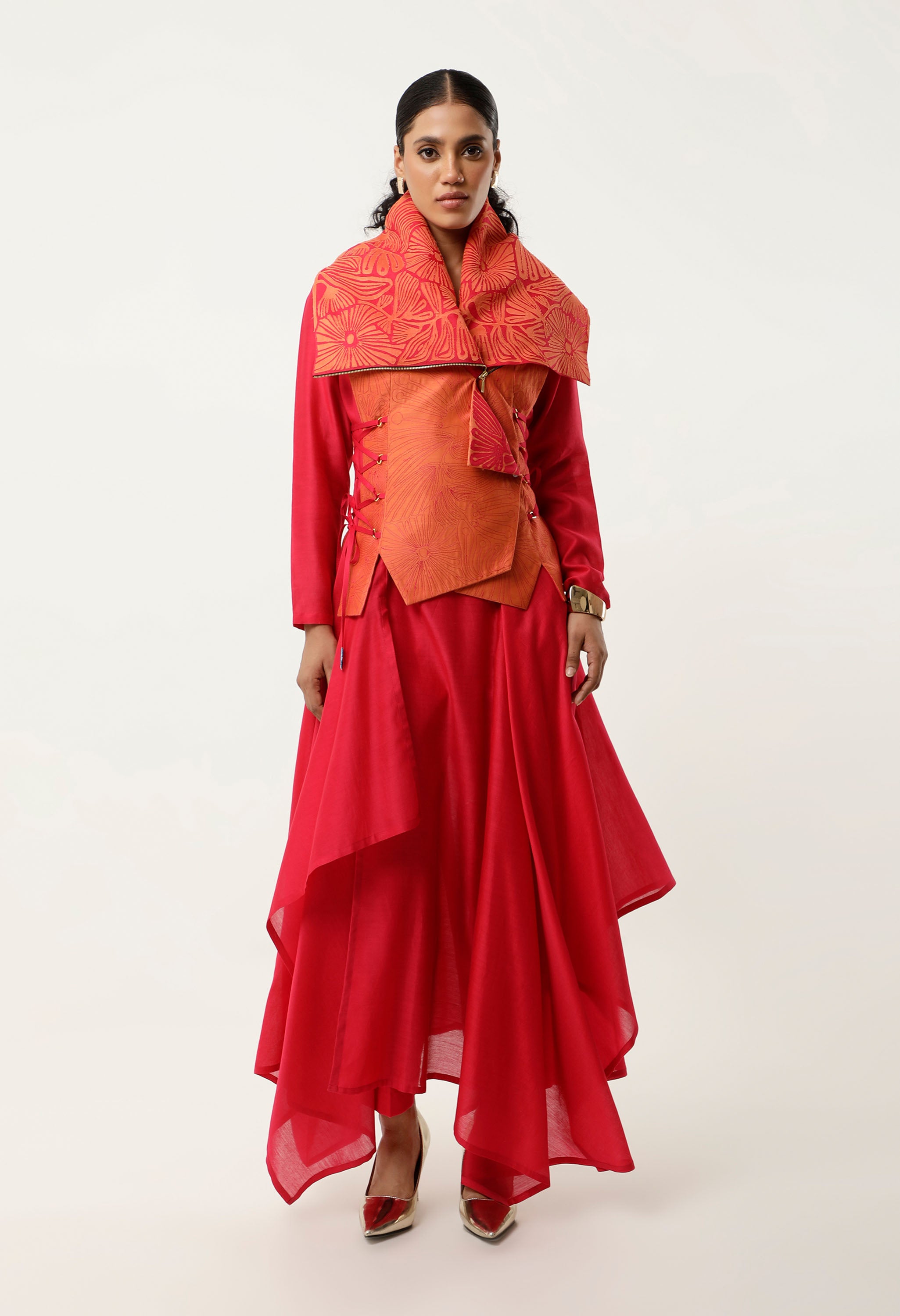 DRAPED COLLAR TIE UP JACKET WITH ASSYMTRICAL CHANDERI INNER AND PANTS