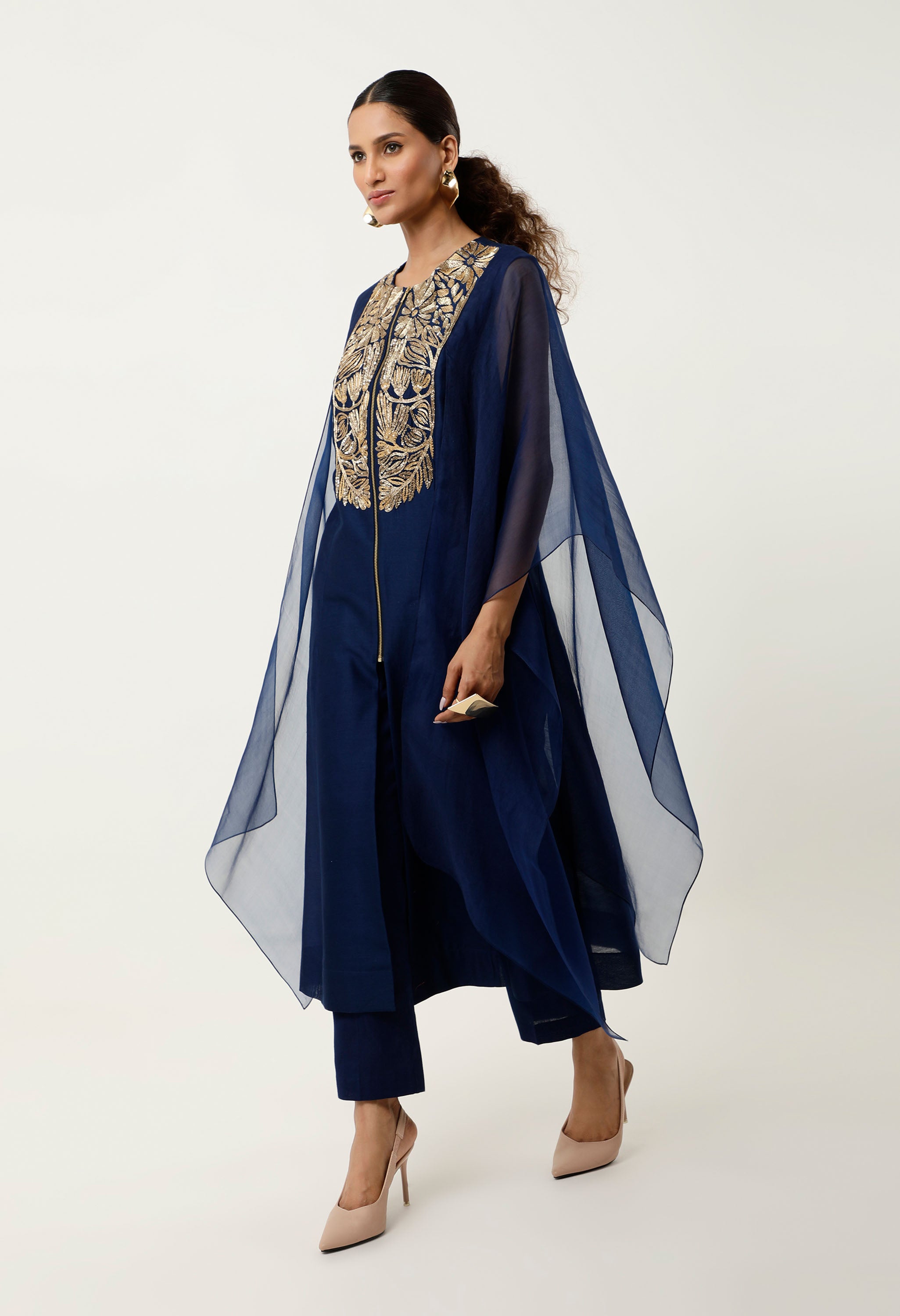 GOLD EMB YOKE CAPE KURTA WITH PANTS