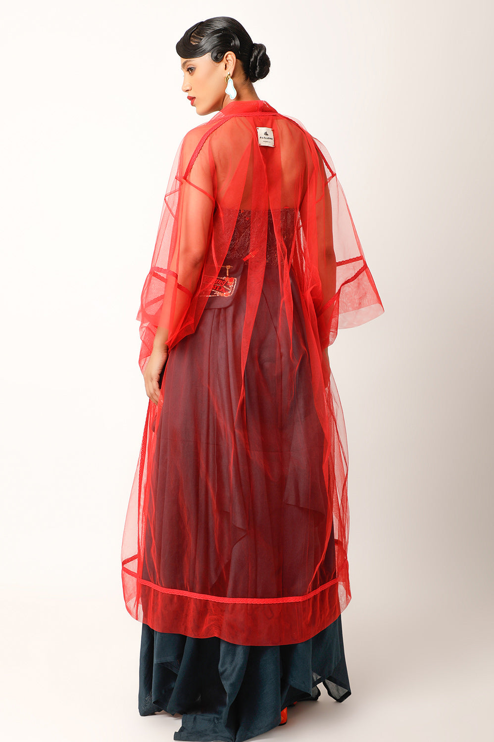 FOLIAGE EMB CORSET DRESS WITH RED NET KIMONO