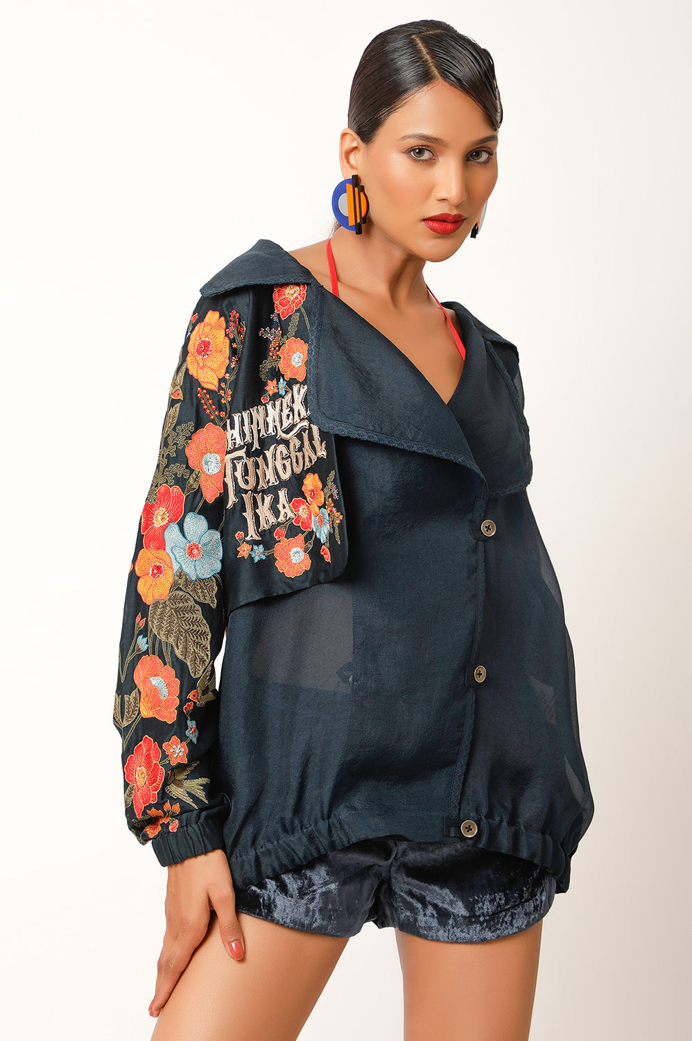 FOLIAGE EMBROIDERED TRENCH BOMBER JACKET