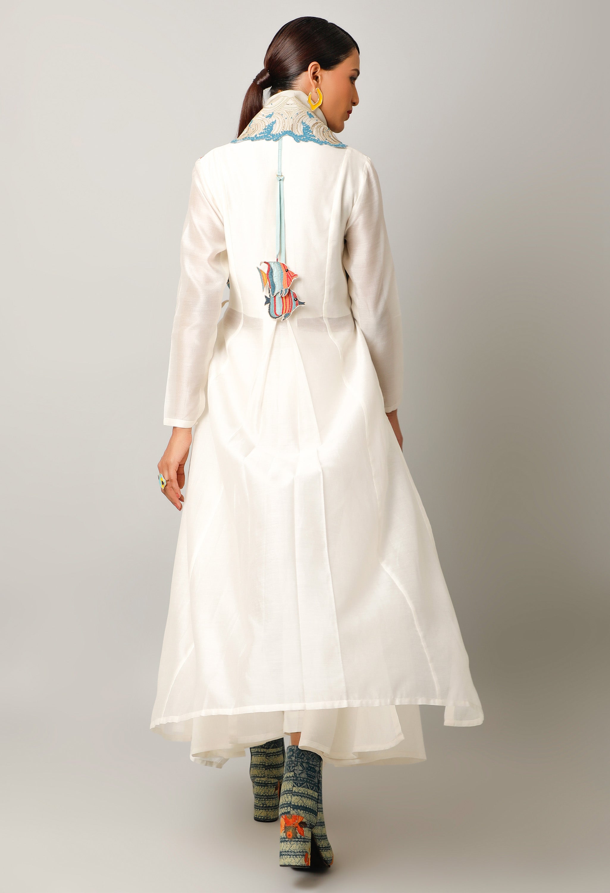 WAVES EMBROIDERED DRAPED COLLAR ANGRAKHA WITH PANTS
