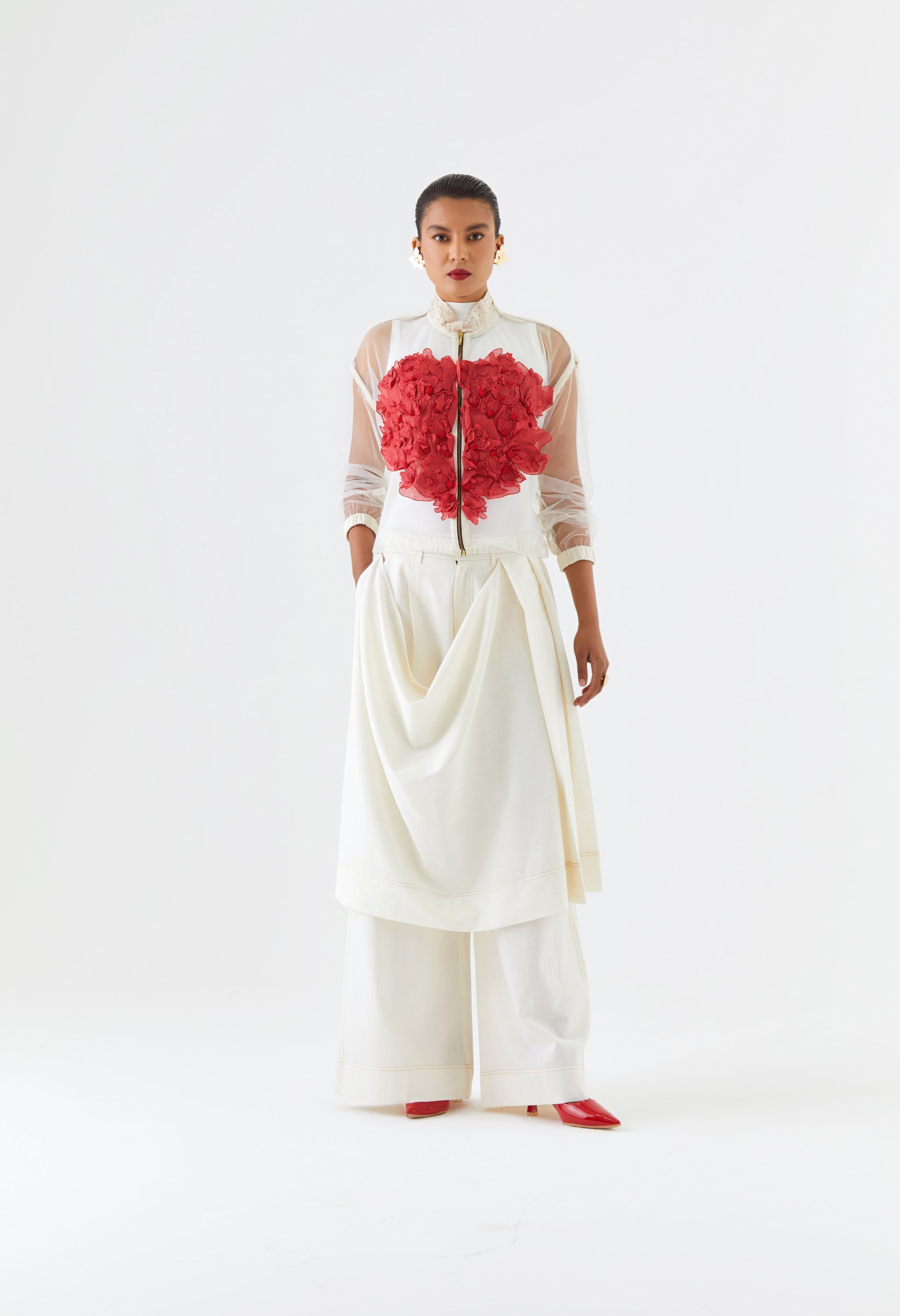 NET BOMBER JACKET + PLEATED SKIRT ATTACHED WITH PANTS