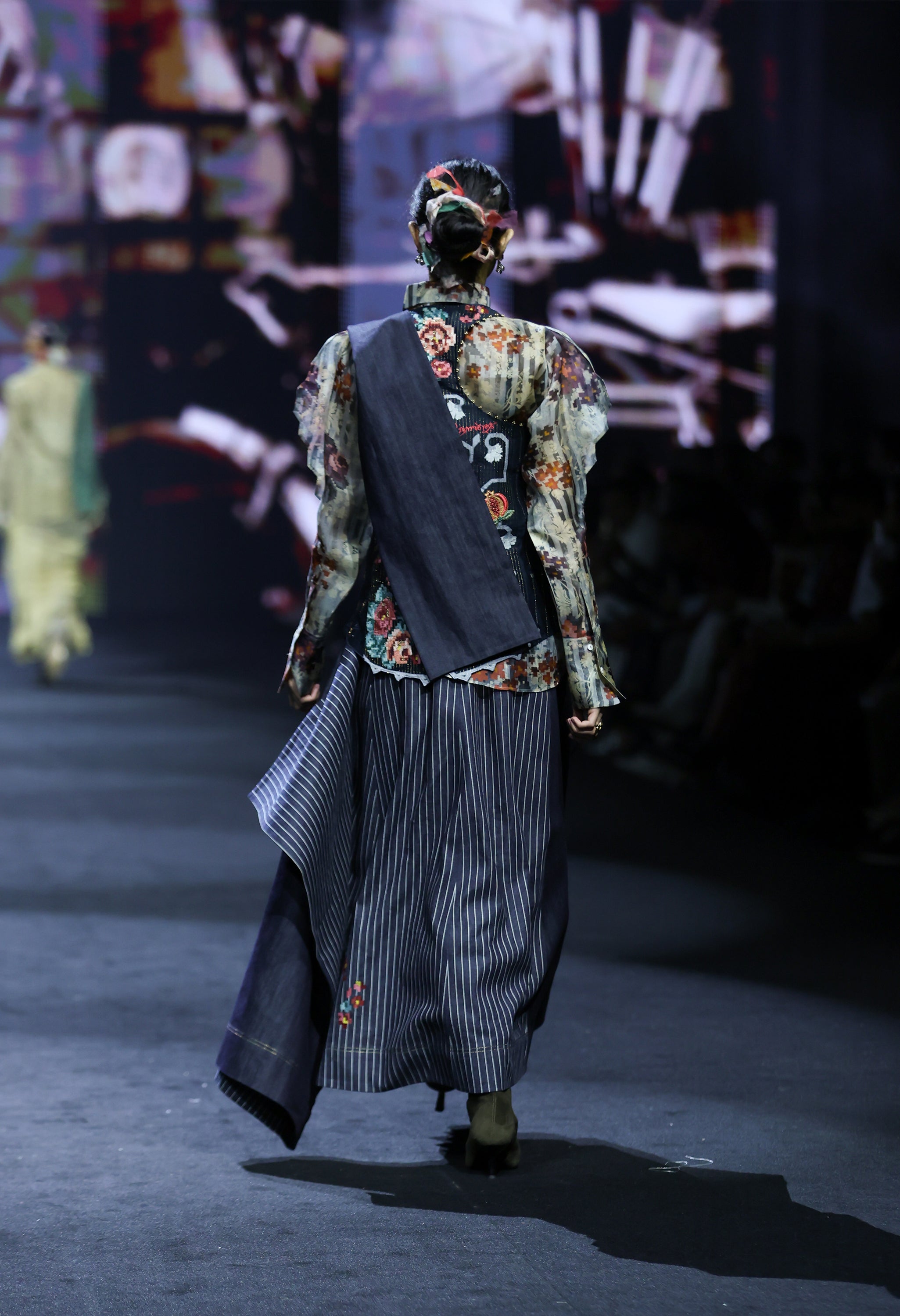 PRINTED ORGANZA SHIRT WITH EMB ANGRAKHA STYLE JACKET  AND DRAPED DENIM SKIRT