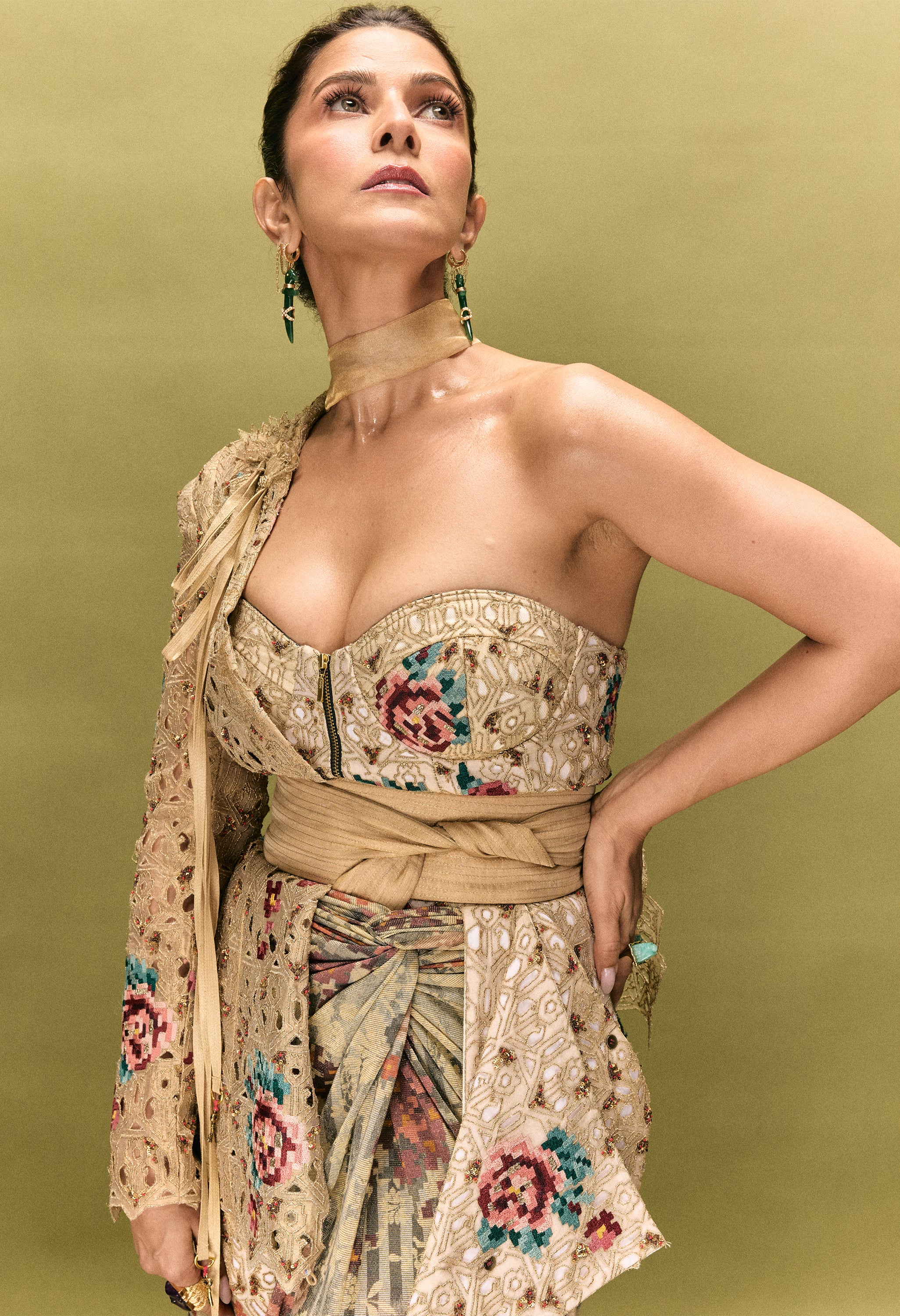 ONE SHOULER EMBROIDERED JACKET WITH CORSET JACKET PAIRED WITH DRAPED SKIRT AND A OB BELT
