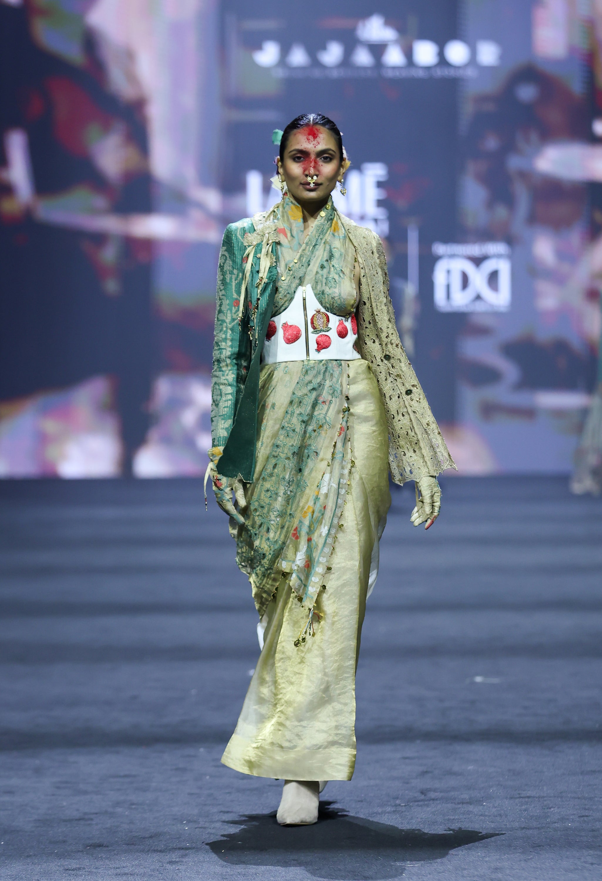 DUAL COLOR EMB KNOTCH COLLAR JACKET + EMB CORSET BELT + EMB TISSUE SARI
