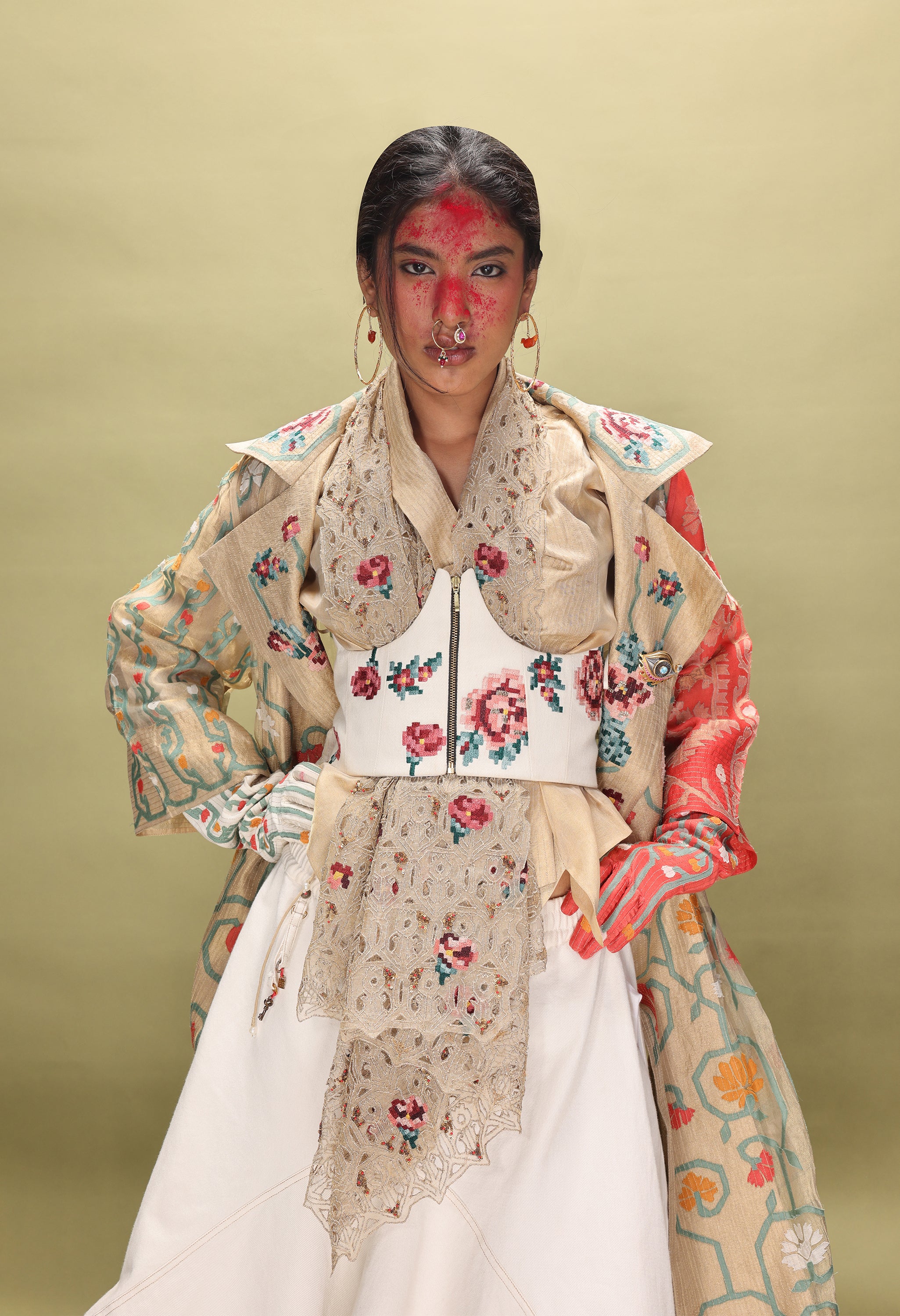 EMB LONG GOLD JACKET WITH DRAPED GOLD TOP + EMB CORSET BELT AND DENIM BARREL SKIRT