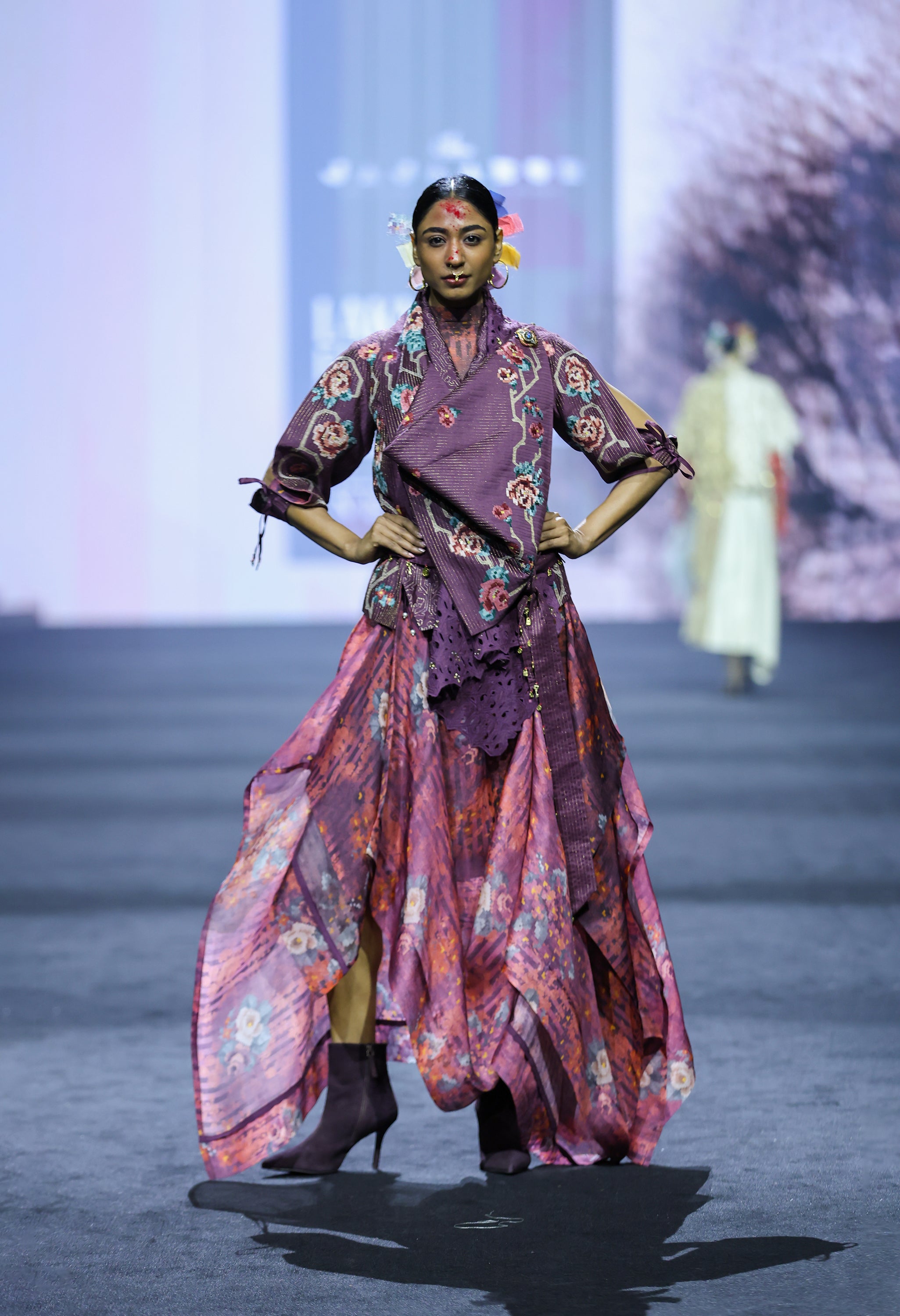 ENGINEERED DRAPED JACKET WITH PRINTED ORGANZA SKIRT