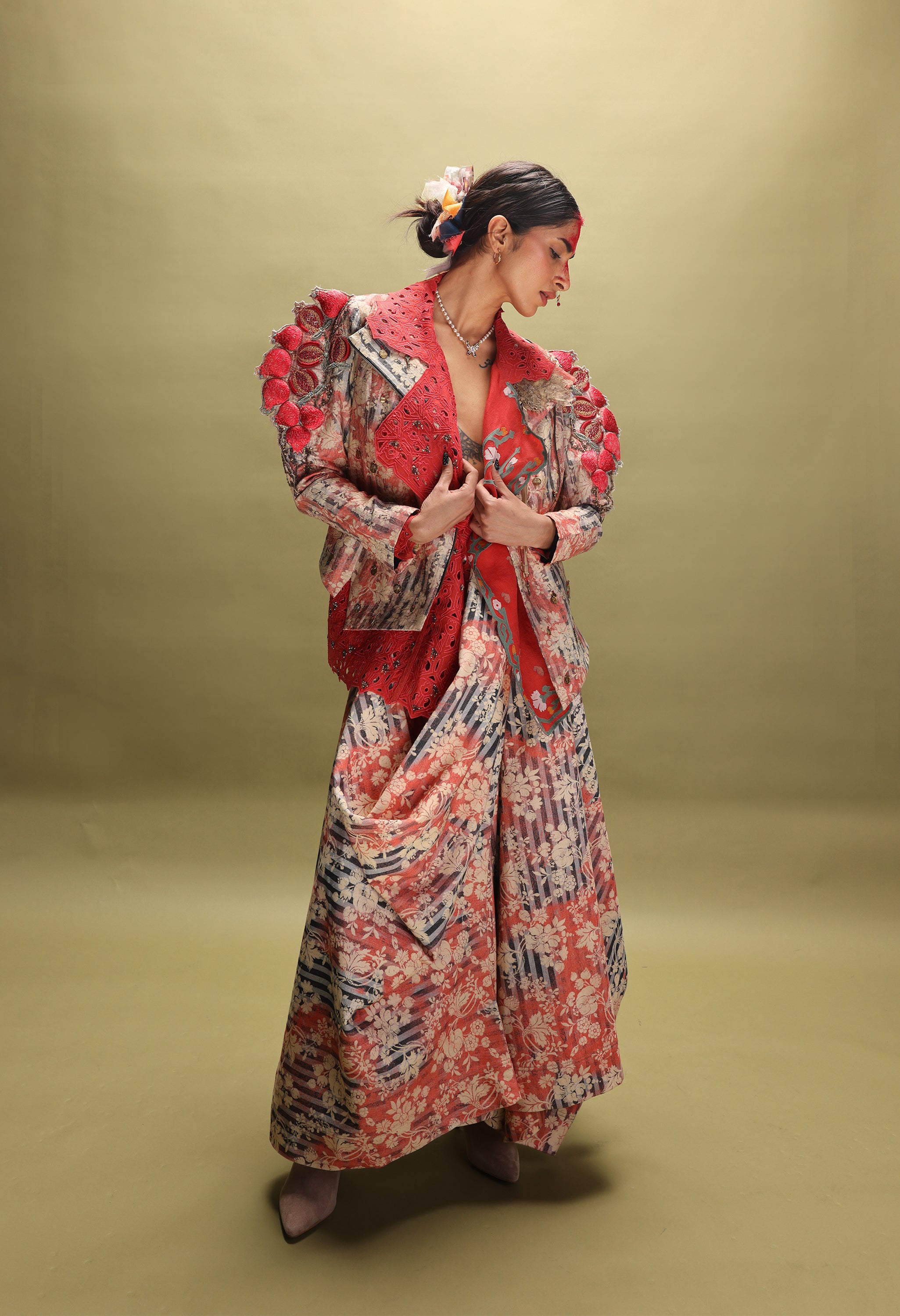 EMB ORGANZA SHORT TRENCH + 3D POMEGRANTE EMB QUILTED JACKET WITH PRINTED DENIM DRAPED SKIRT