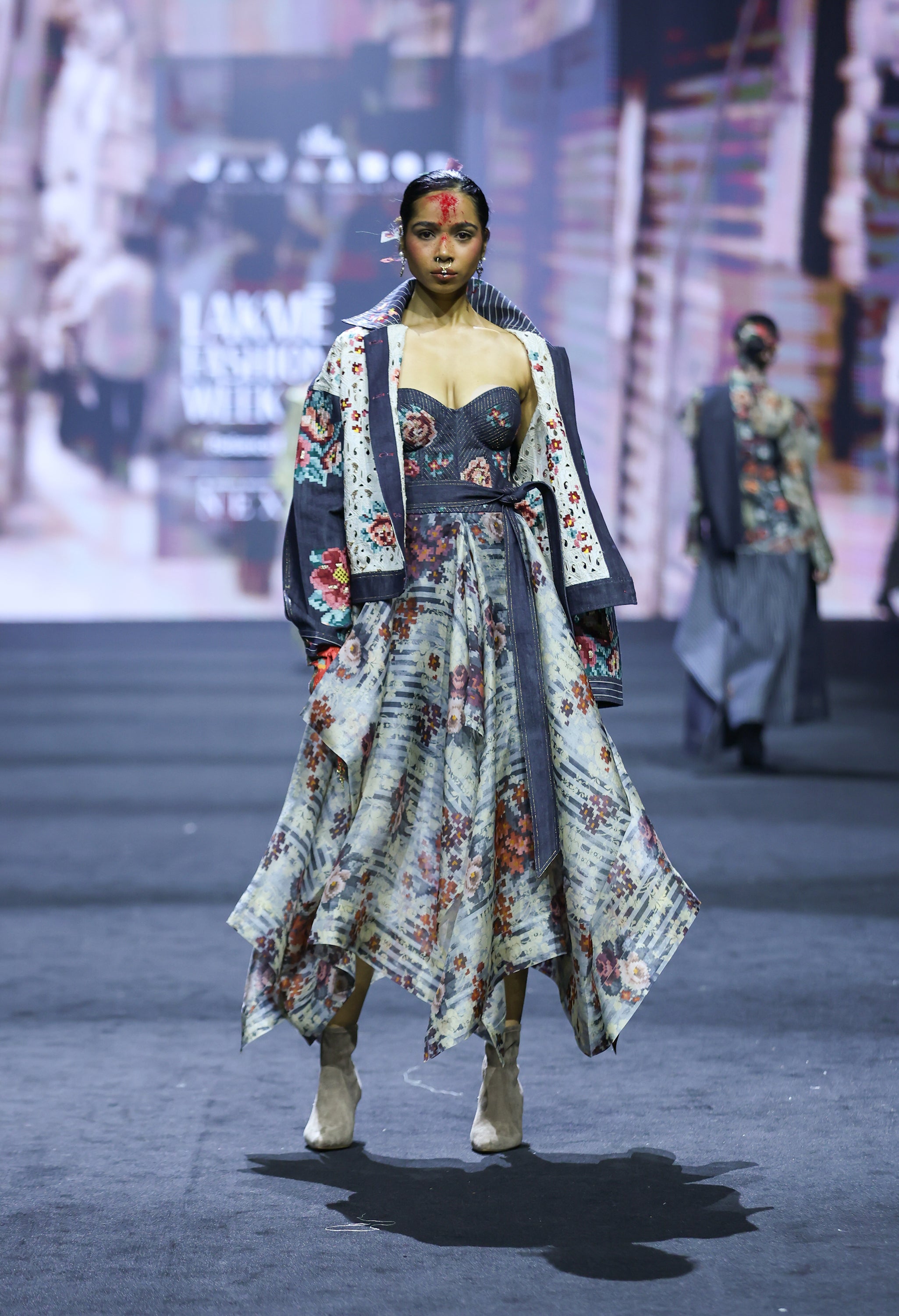 EMB DUAL COLOR DENIM JACKET WITH CORSET DRESS