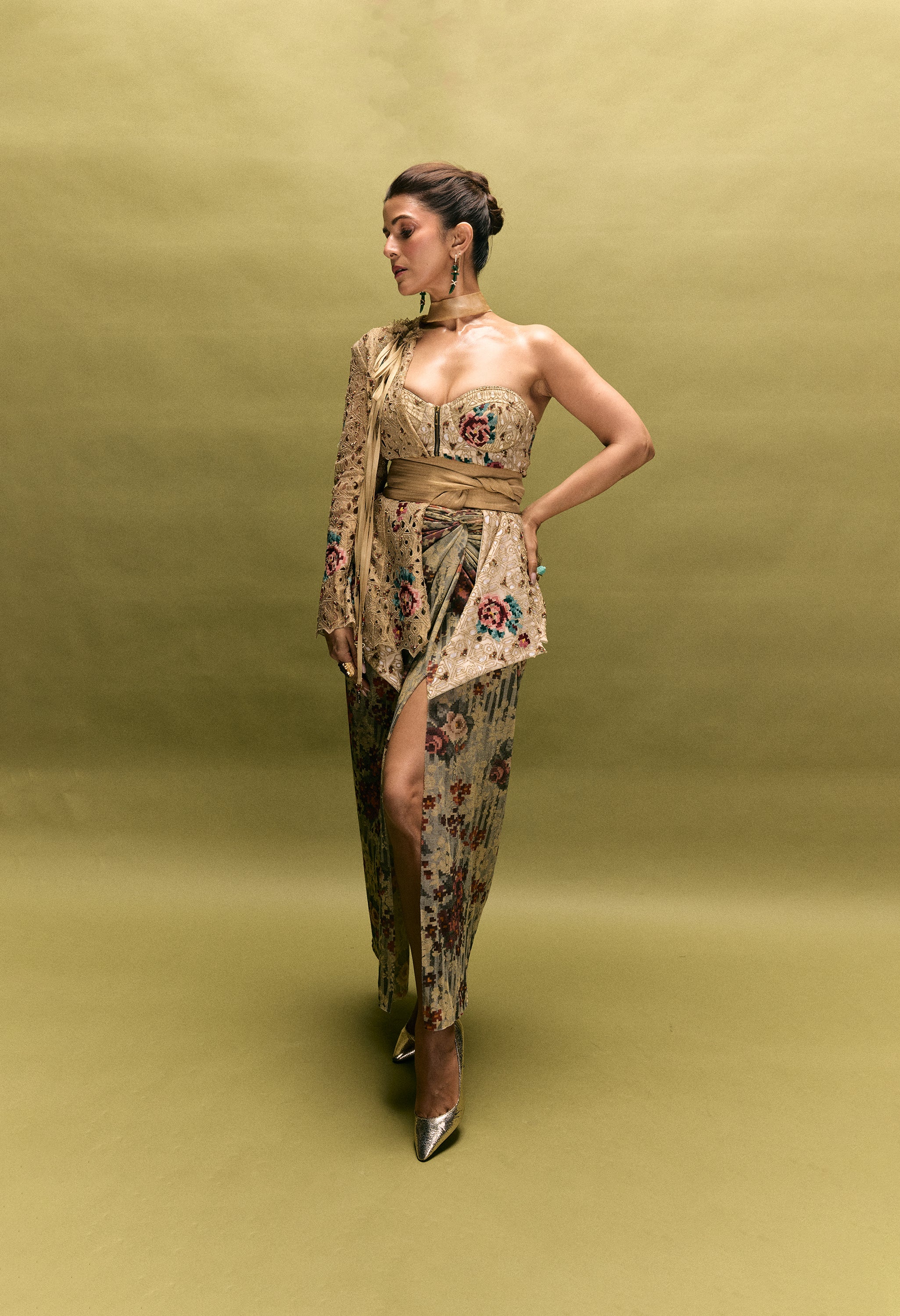 ONE SHOULER EMBROIDERED JACKET WITH CORSET JACKET PAIRED WITH DRAPED SKIRT AND A OB BELT