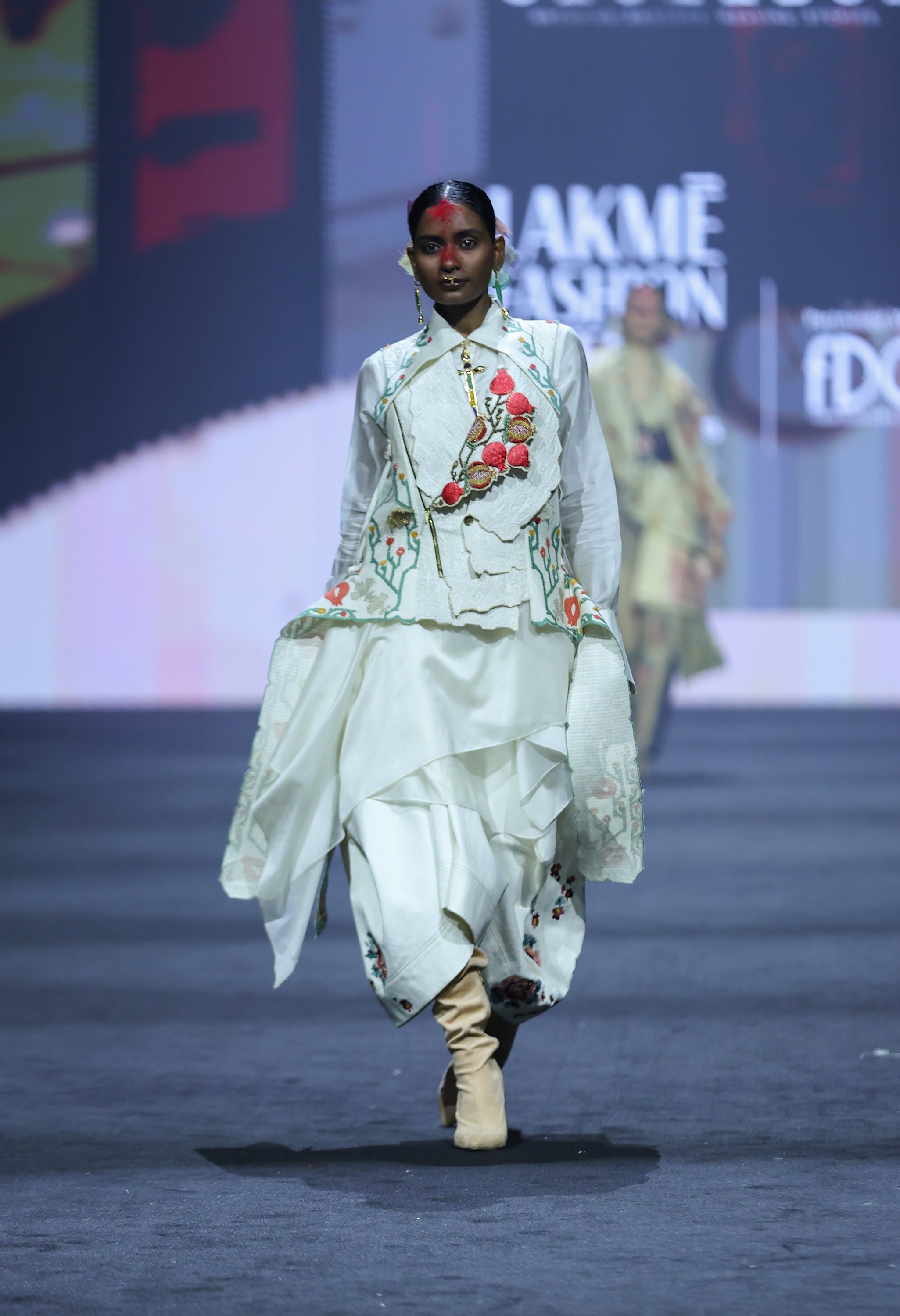 POMOGRANATE EMB DOUBLE LAPEL JACKET LONG DRAPED SHIRT WITH COLLAR + DENIM BARREL SKIRT