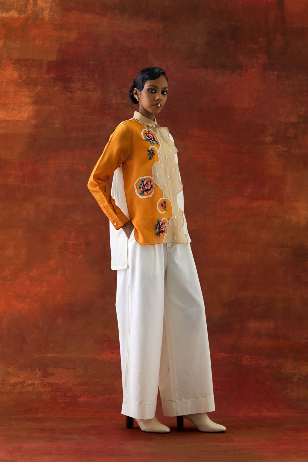 EMB TRI COLOR SHIRT WITH FLARED PANTS