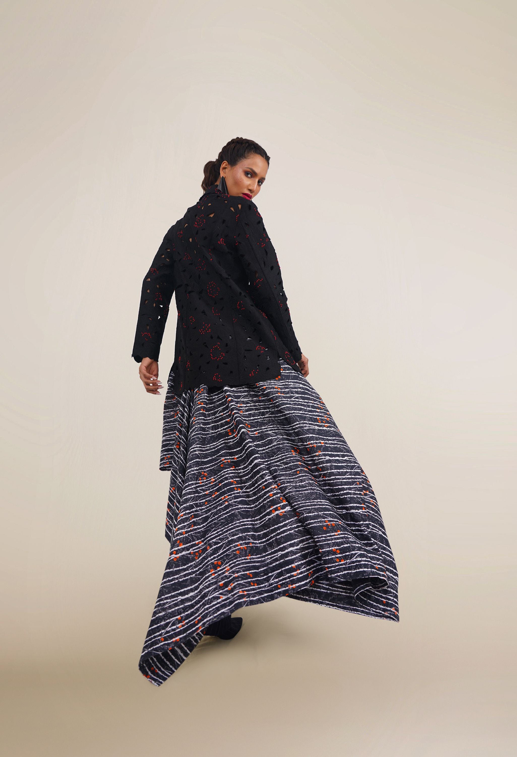FLORAL CUTWORK JACKET WITH BUSTIER AND PRINTED DRAPED SKIRT