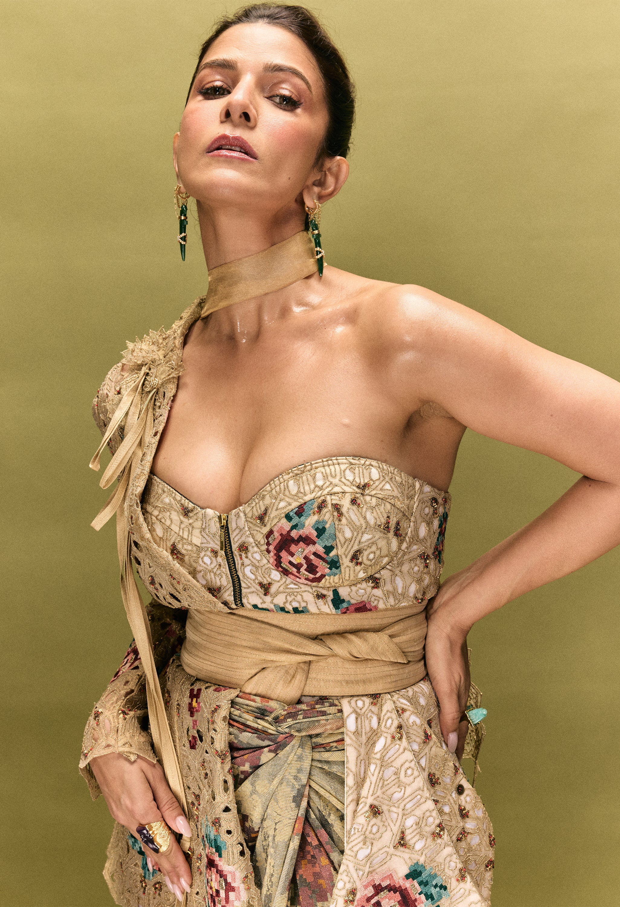 ONE SHOULER EMBROIDERED JACKET WITH CORSET JACKET PAIRED WITH DRAPED SKIRT AND A OB BELT