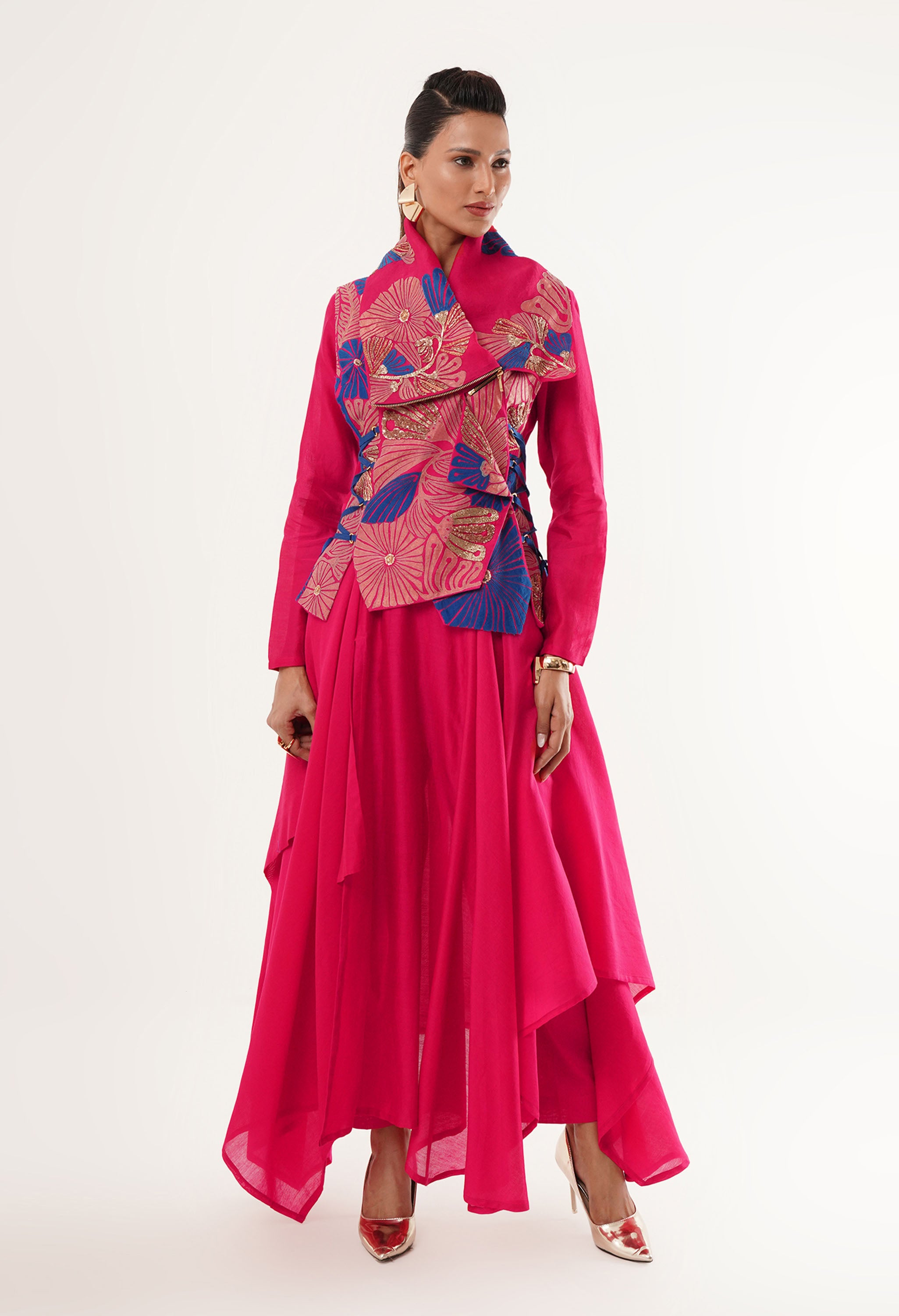 DRAPED COLLAR JACKET WITH KURTA