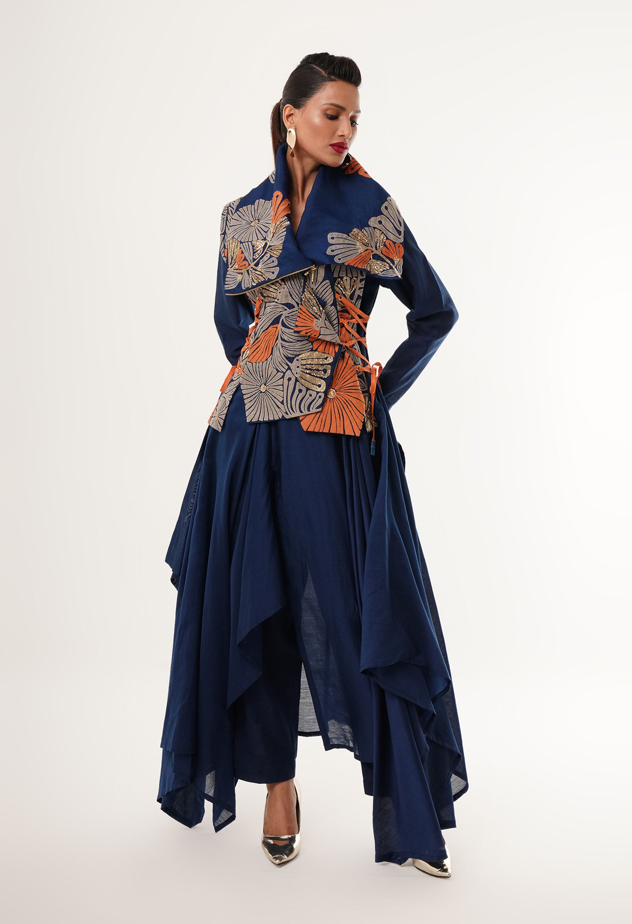 DRAPED COLLAR JACKET WITH KURTA