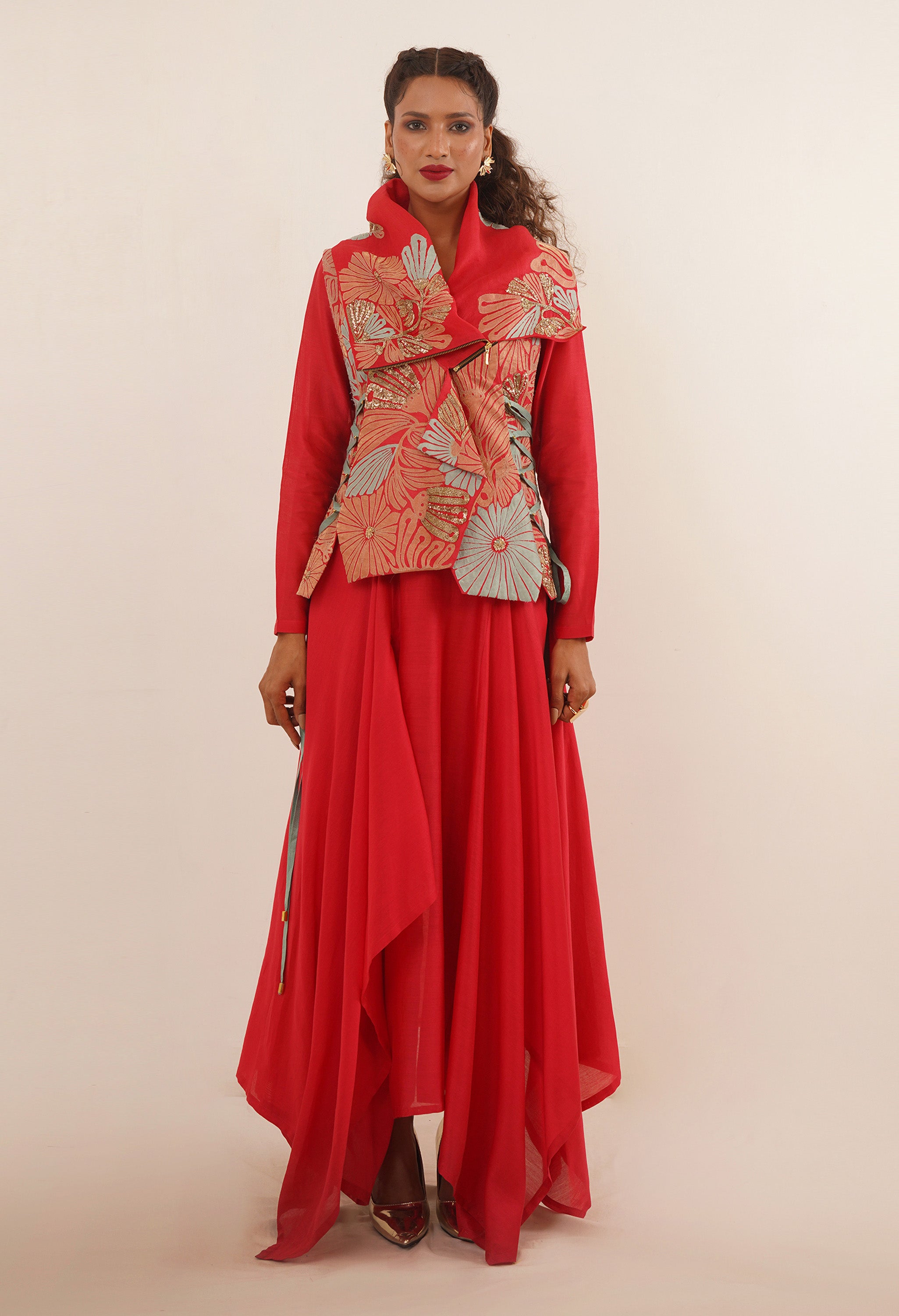 DRAPED COLLAR JACKET WITH KURTA