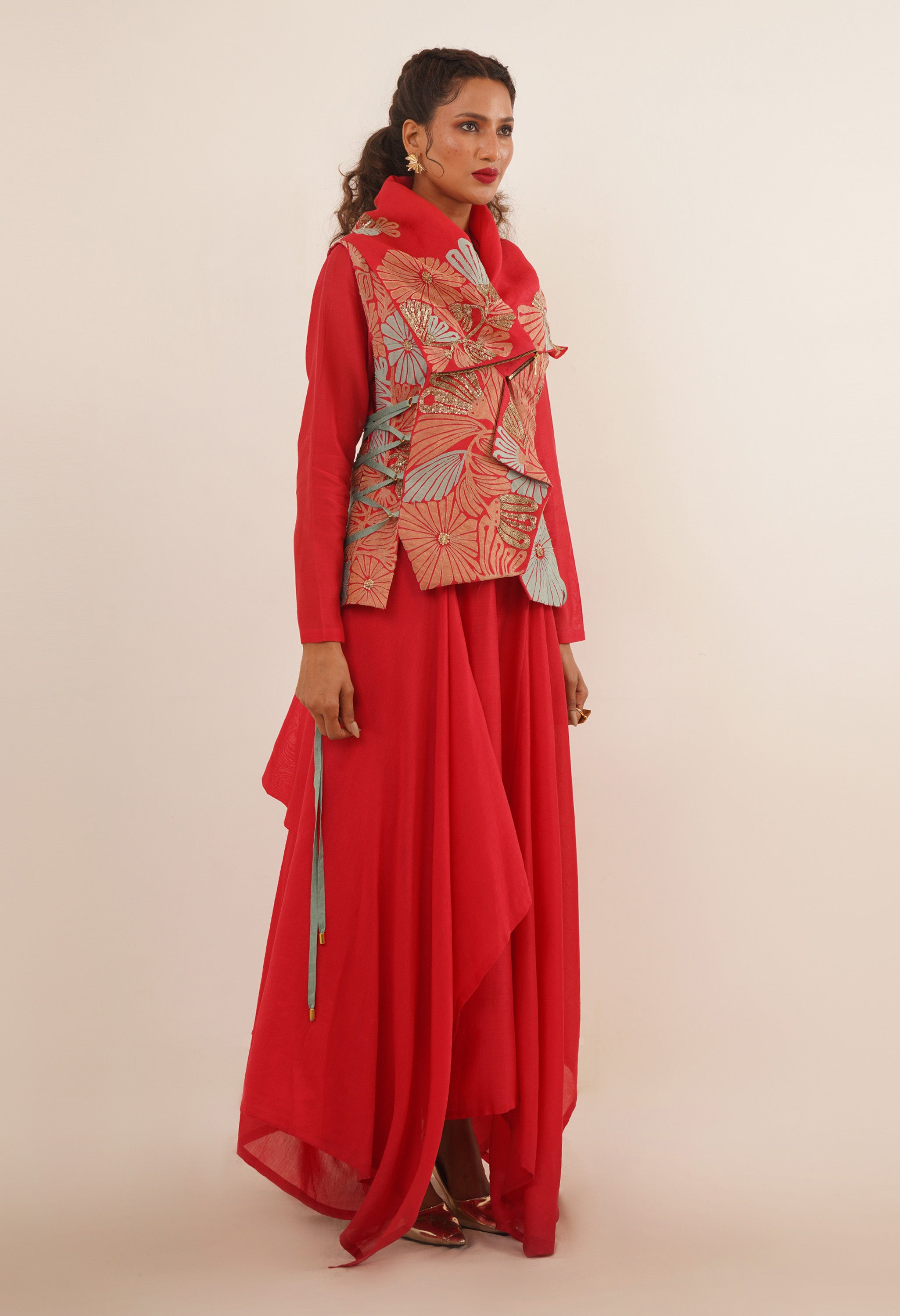 DRAPED COLLAR JACKET WITH KURTA