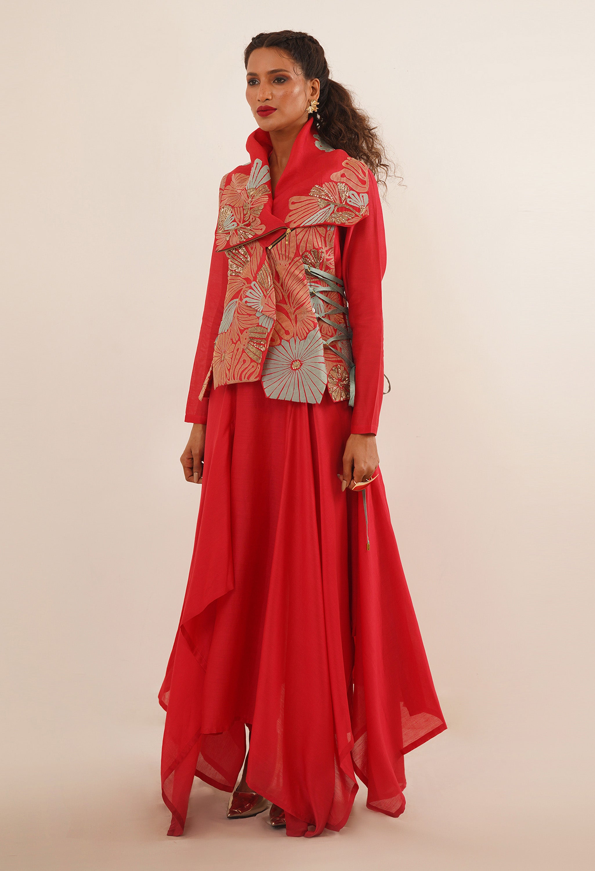 DRAPED COLLAR JACKET WITH KURTA