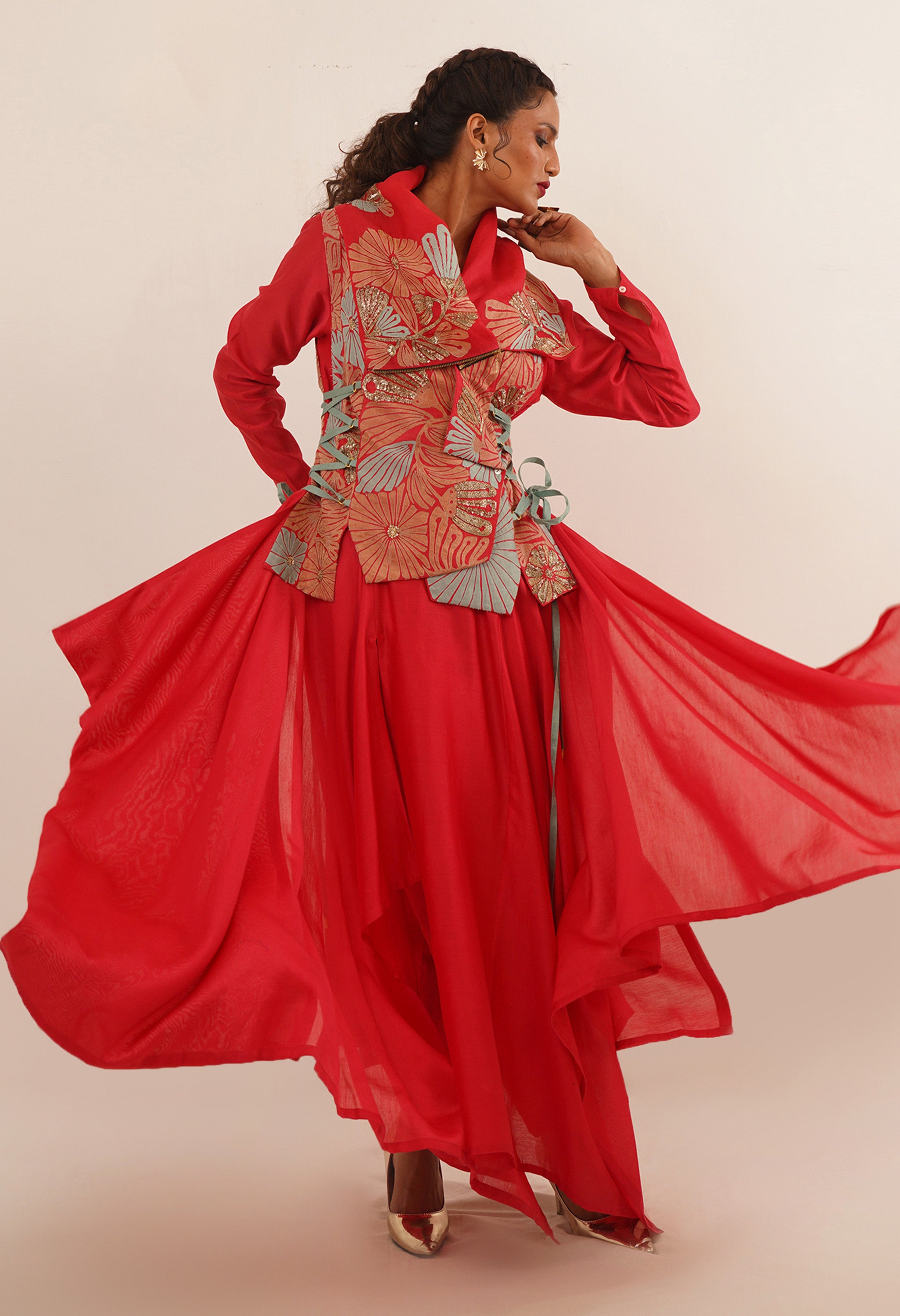 DRAPED COLLAR JACKET WITH KURTA