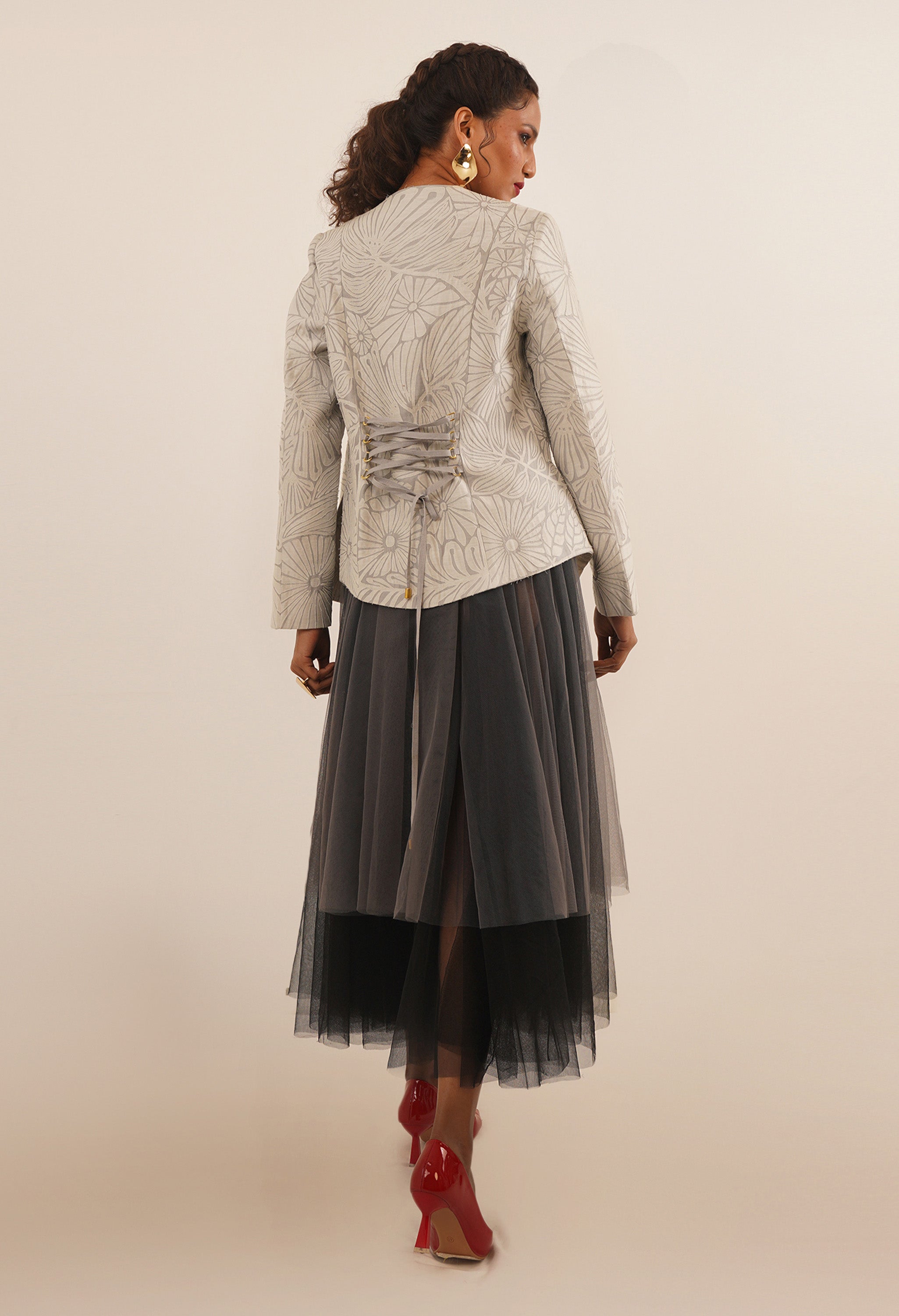 FLORAL CUTWORK JACKET WITH SKIRT