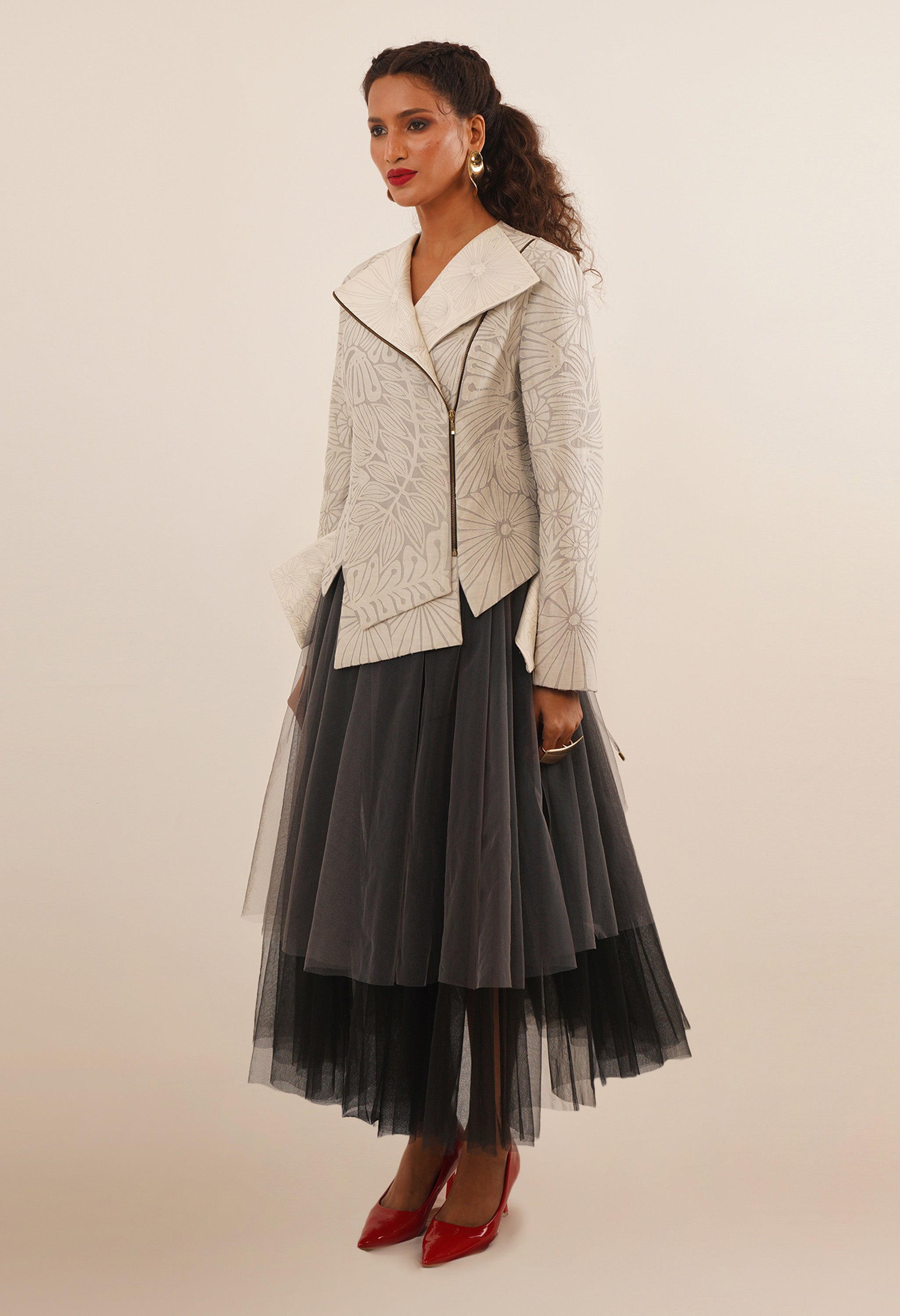 FLORAL CUTWORK JACKET WITH SKIRT