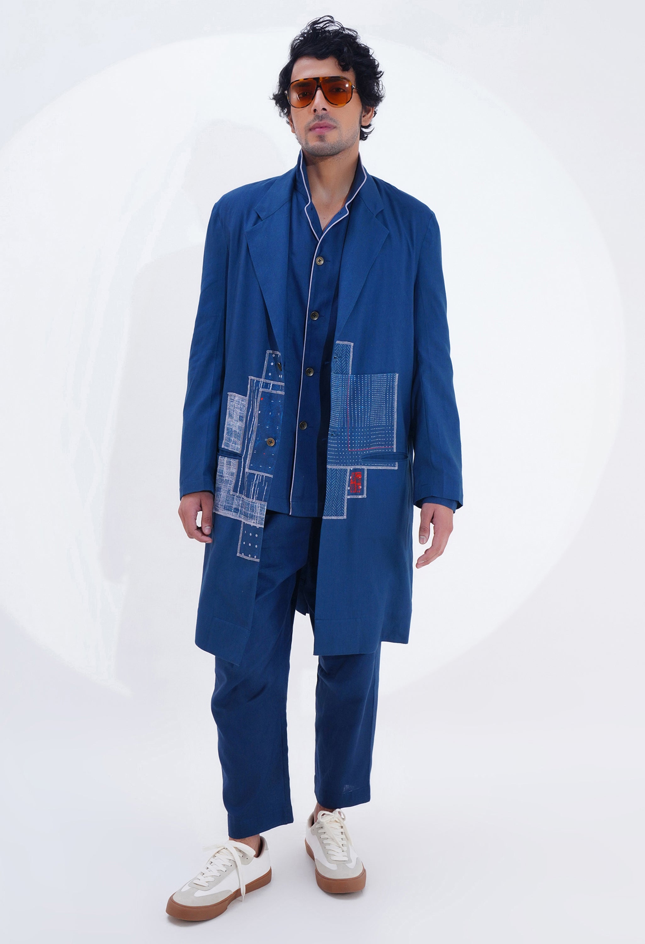 PLAIN LAPEL LONG JACKET WITH POJAGI PATCH WORK DETAILING