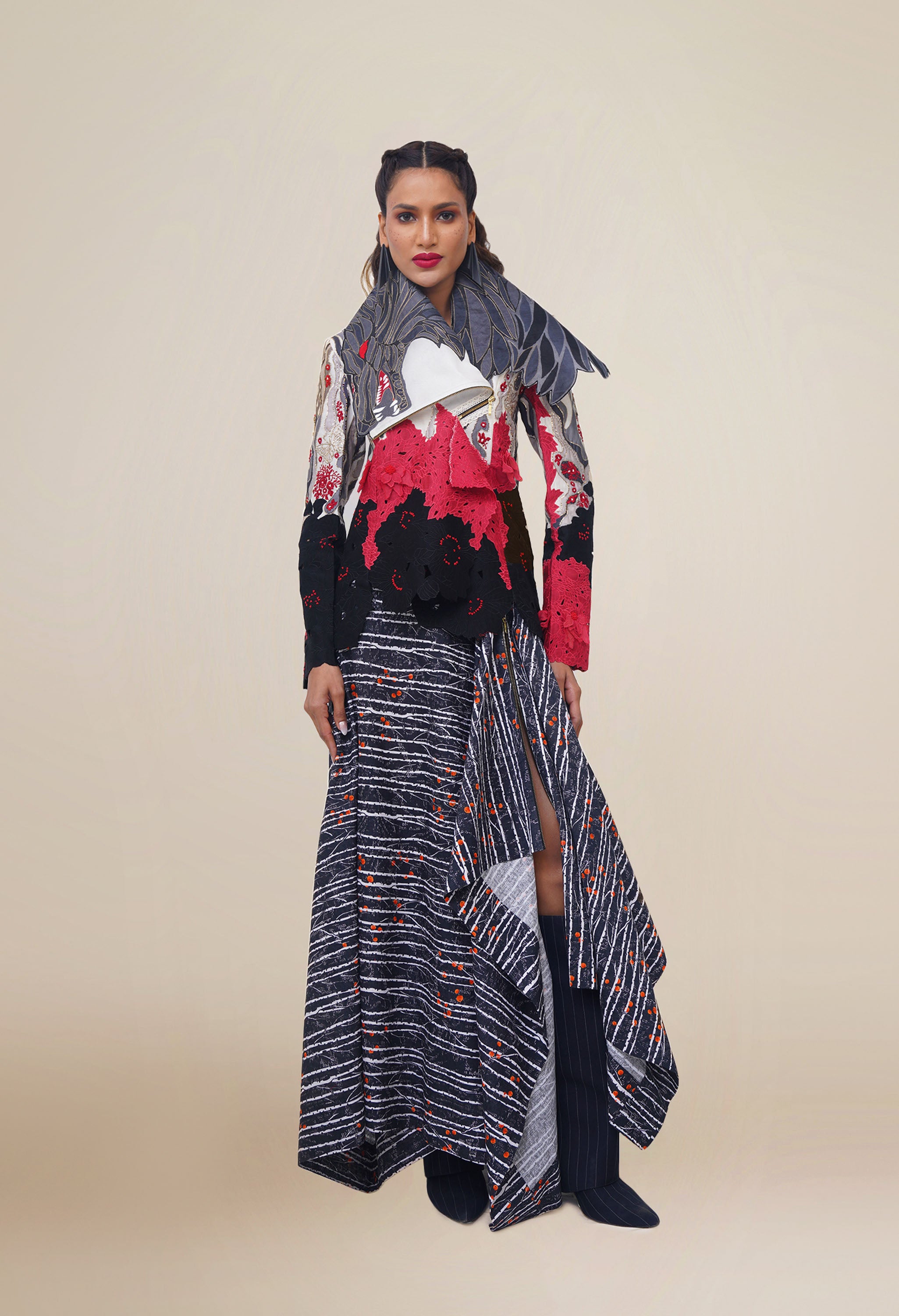 DRAPED COLLAR JACKET WITH EMBROIDERED WOLF COLLAR WITH PRINTED DRAPED SKIRT
