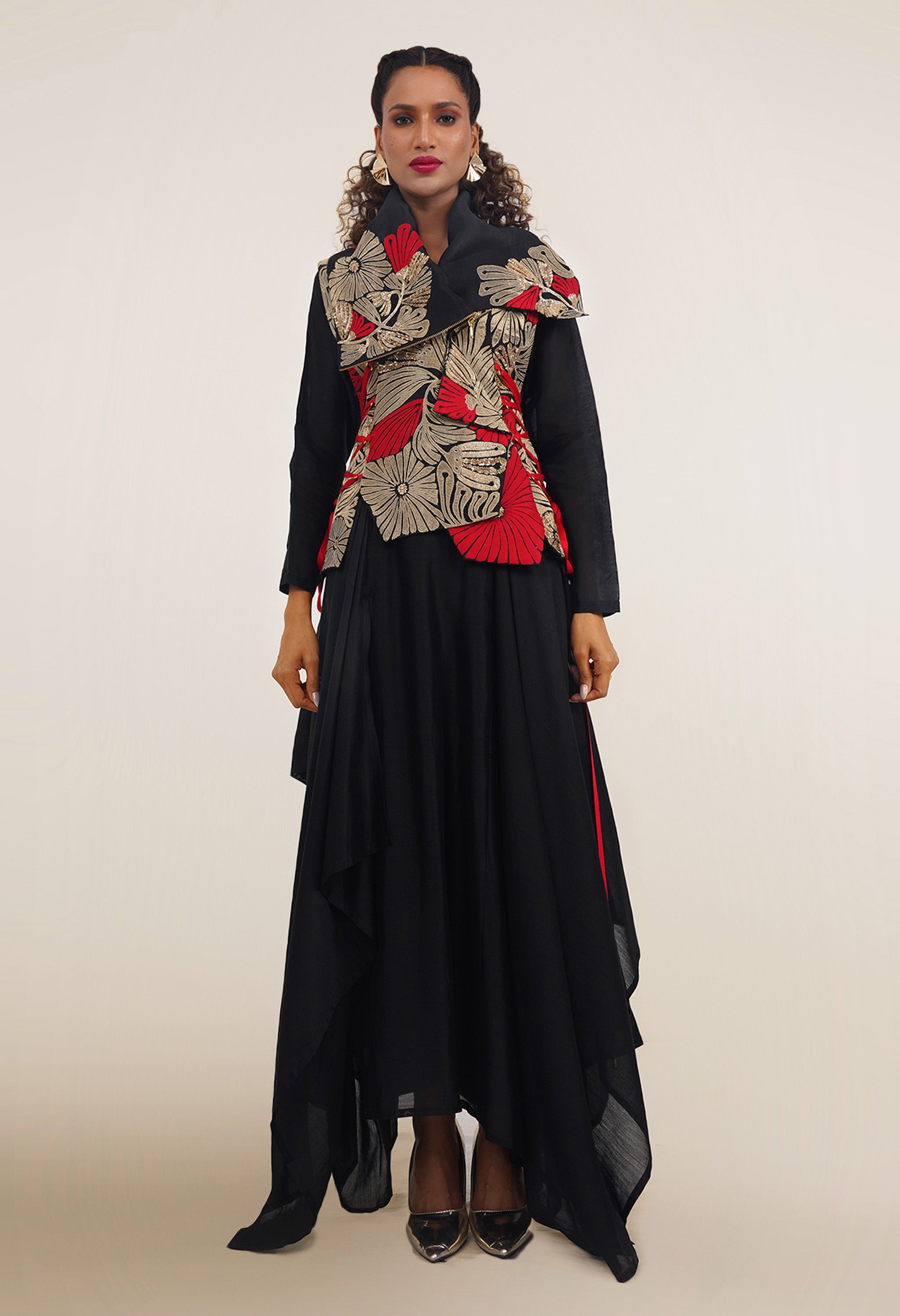 DRAPED COLLAR JACKET WITH KURTA