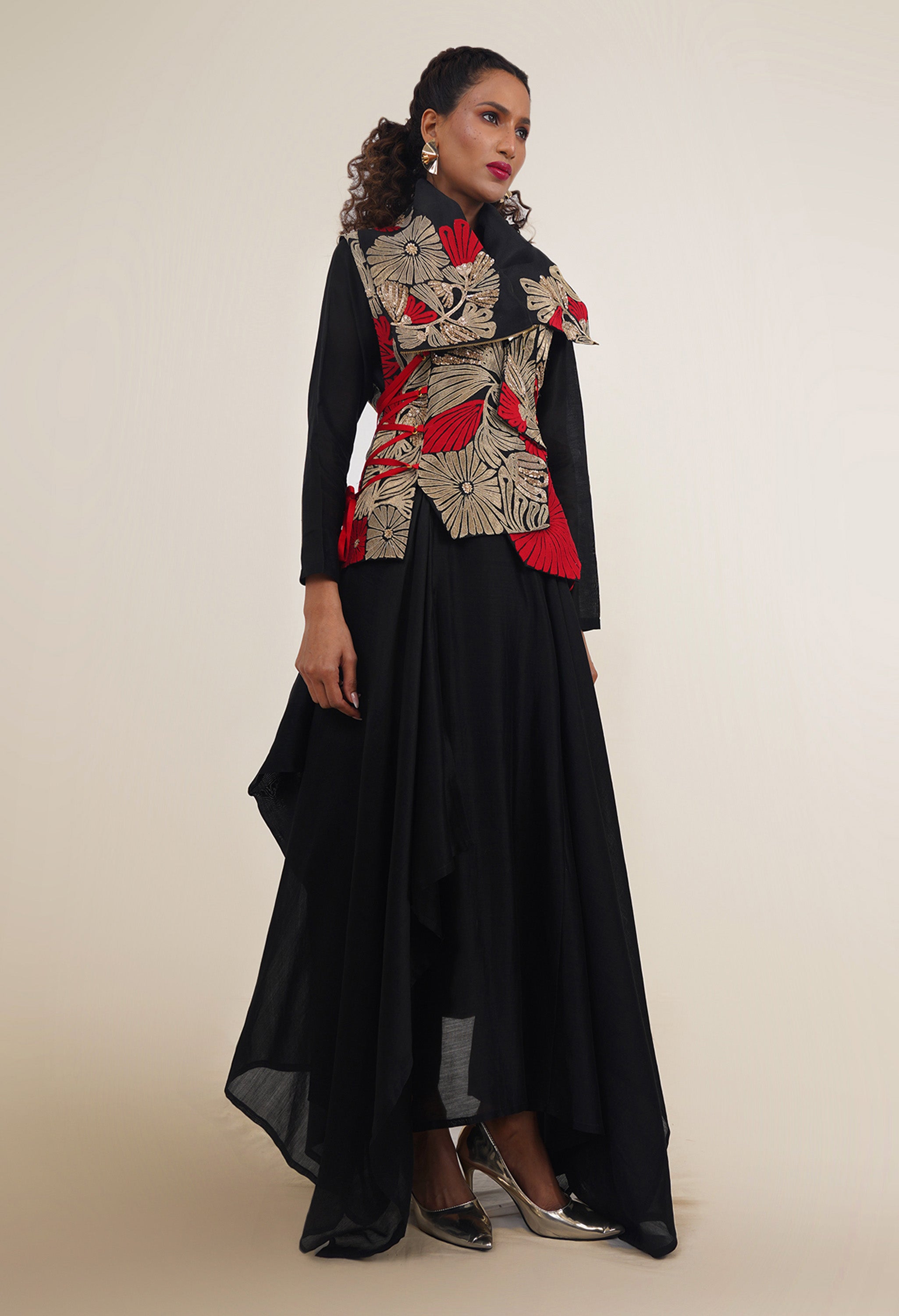 DRAPED COLLAR JACKET WITH KURTA