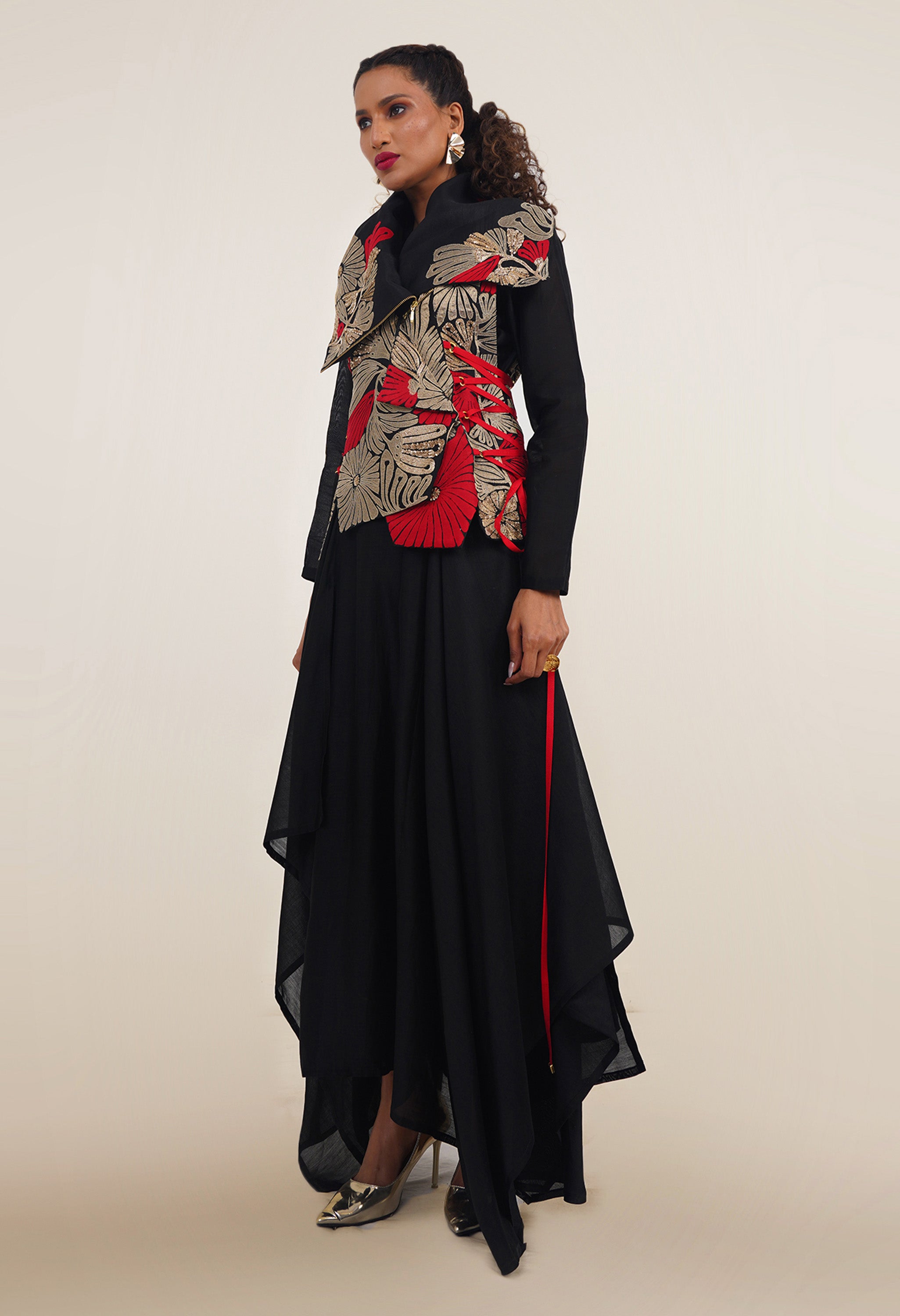 DRAPED COLLAR JACKET WITH KURTA