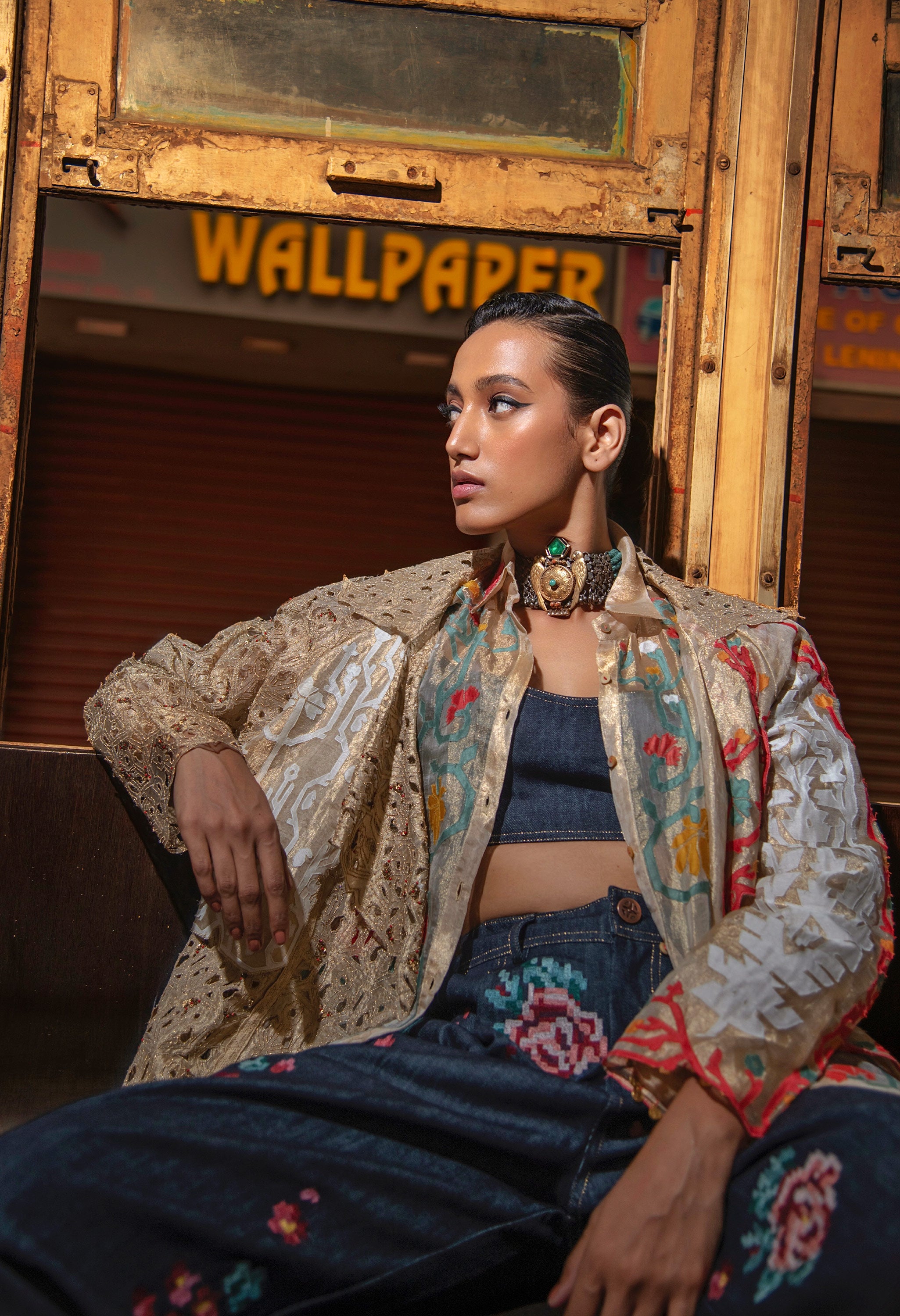 EMB GOLD TISSUE SHORT TRENCH + EMB DENIM PANTS + EMB GOLD TISSUE SHIRT + DENIM BRALETTE