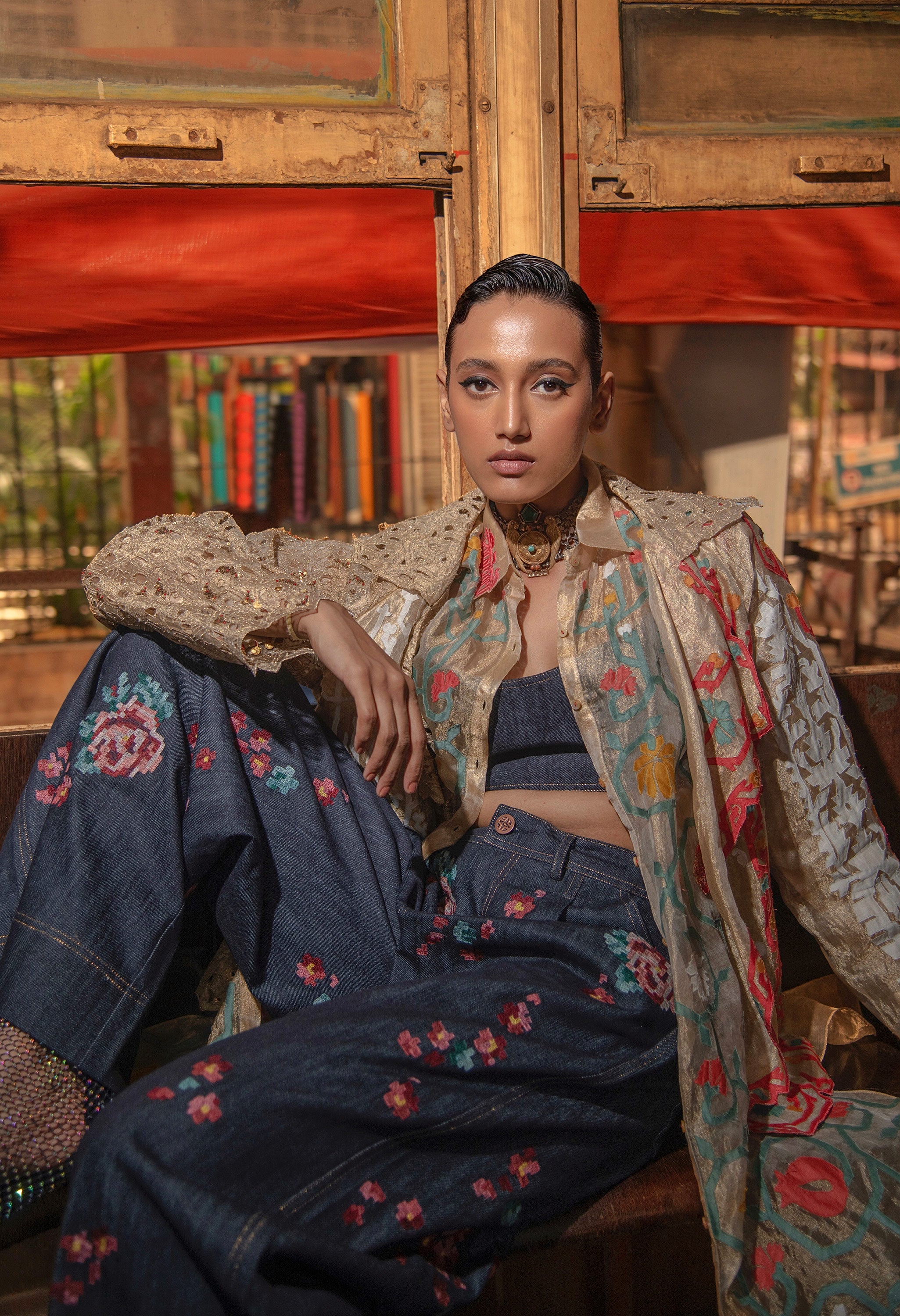 EMB GOLD TISSUE SHORT TRENCH + EMB DENIM PANTS + EMB GOLD TISSUE SHIRT + DENIM BRALETTE