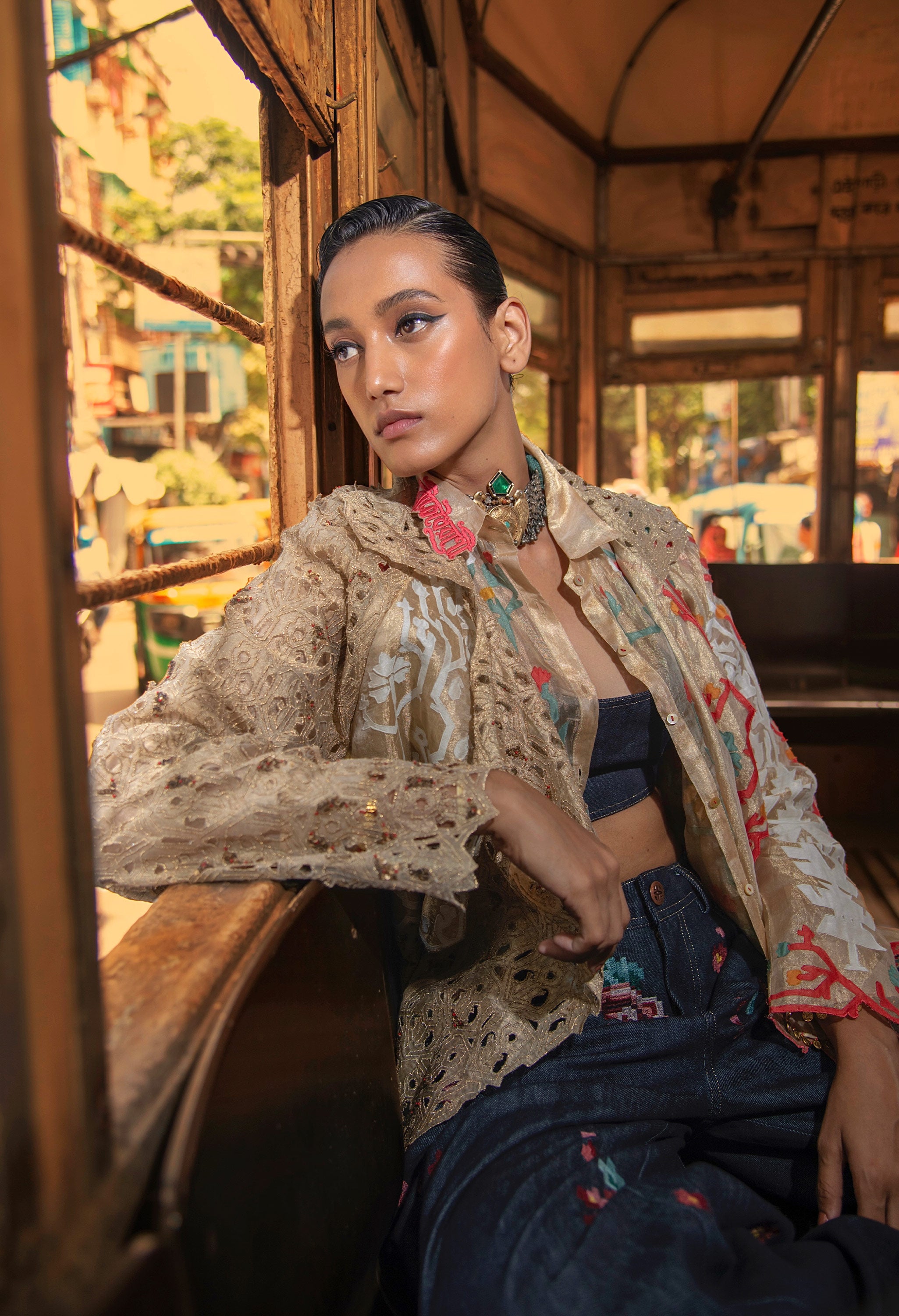 EMB GOLD TISSUE SHORT TRENCH + EMB DENIM PANTS + EMB GOLD TISSUE SHIRT + DENIM BRALETTE