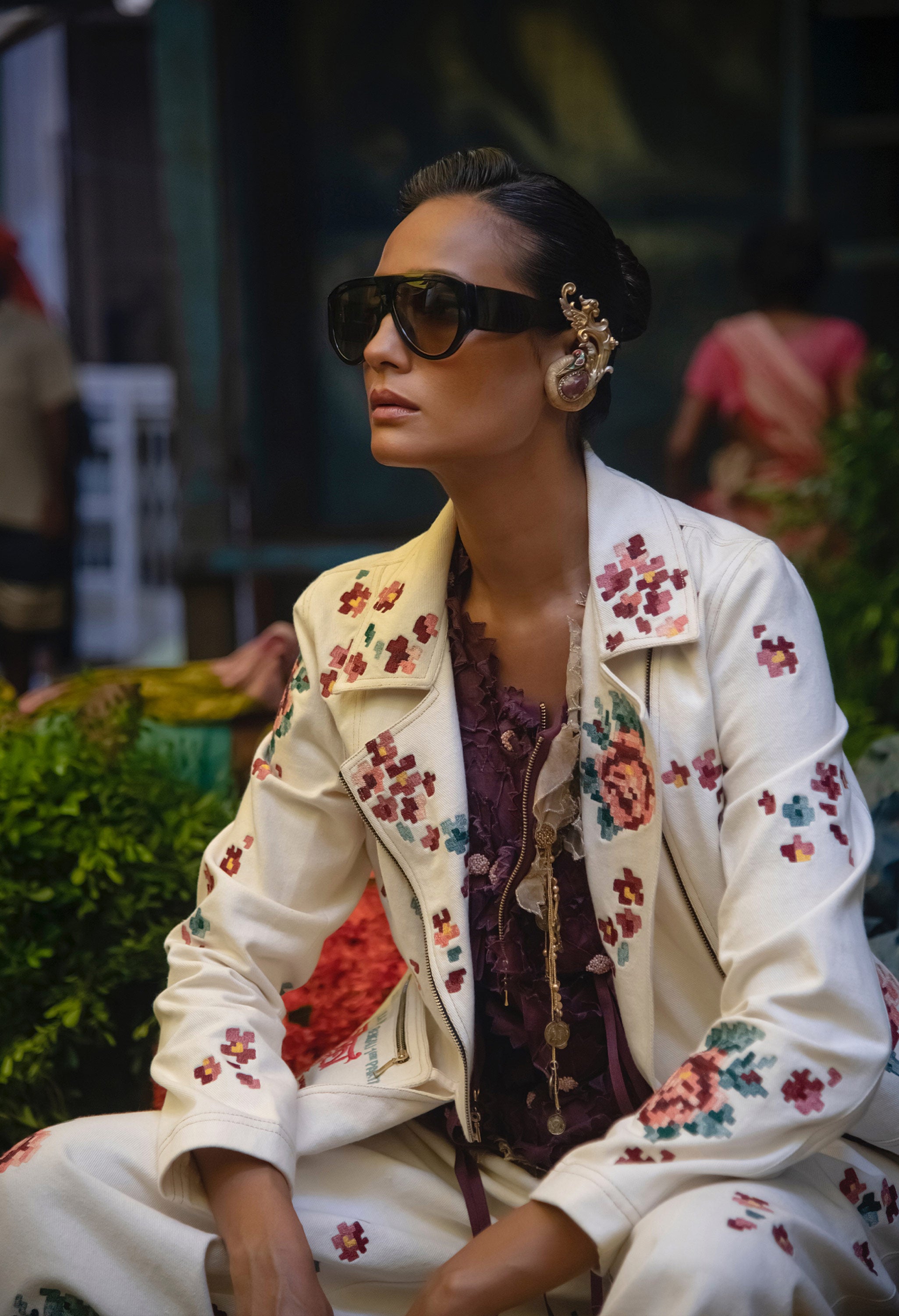 EMB BIKER DENIM JACKET + 3D FLOWER RACER BACK JACKET + EMB DENIM PANTS