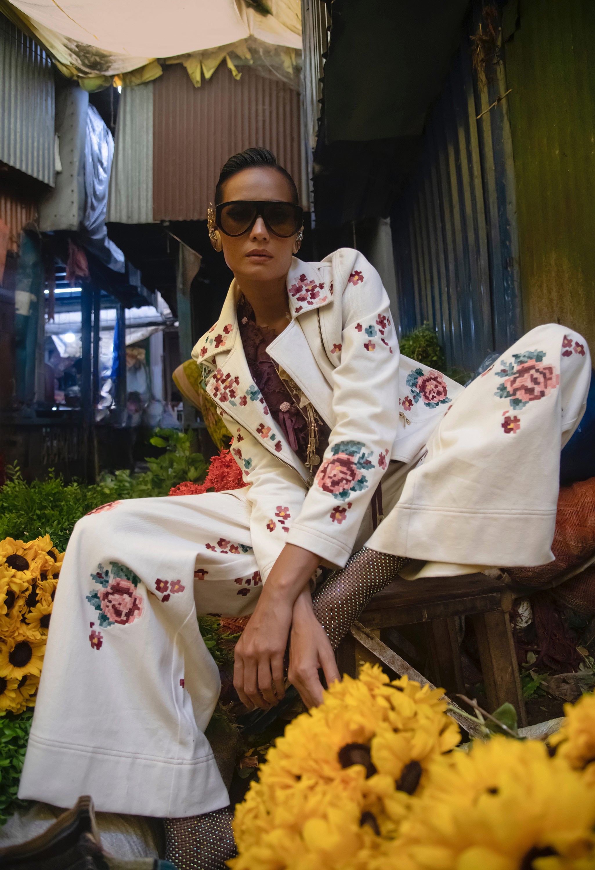 EMB BIKER DENIM JACKET + 3D FLOWER RACER BACK JACKET + EMB DENIM PANTS