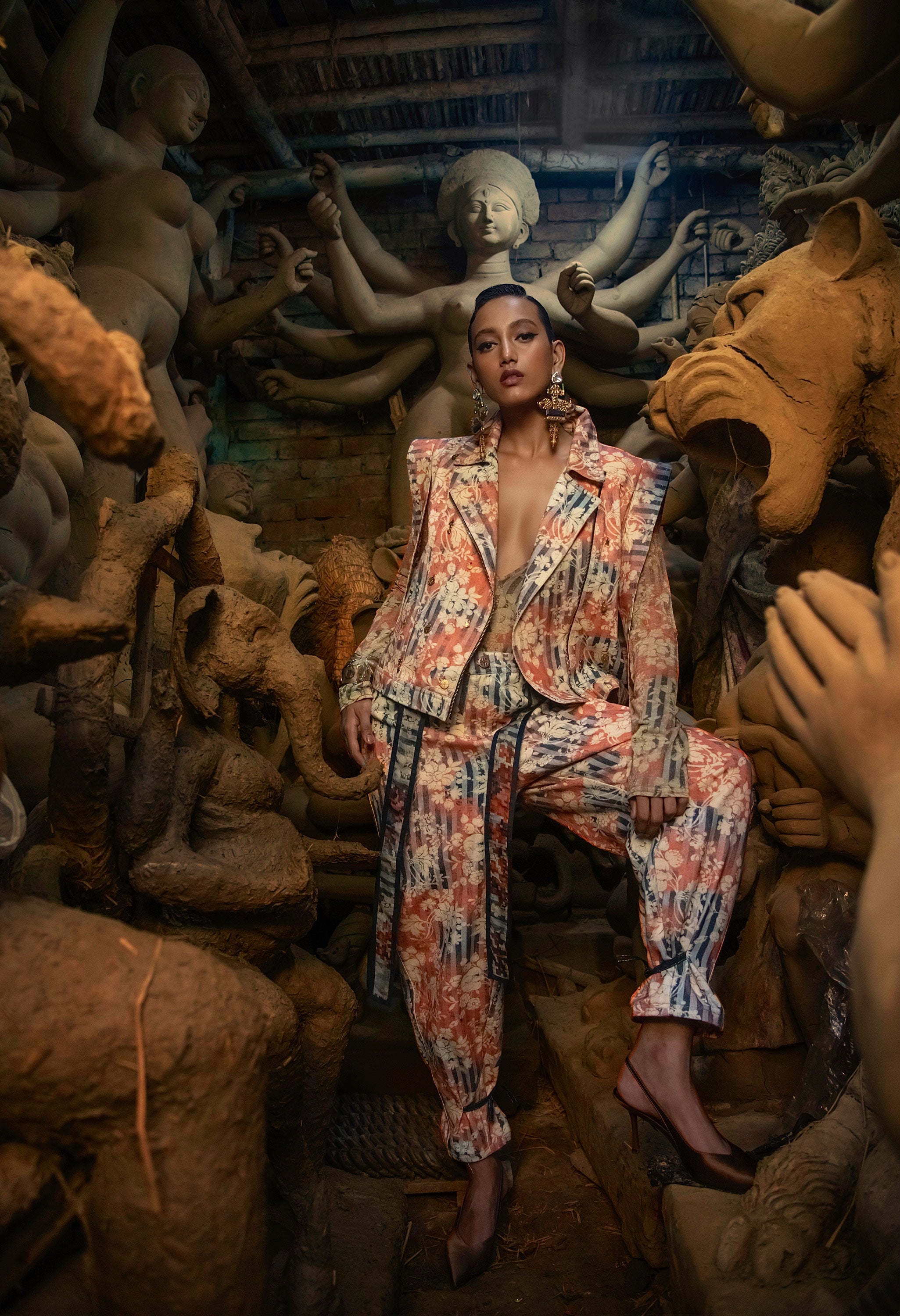 PRINTED DENIM BIKER JACKET WITH PRINTED CARROT FIT DENIMS AND BODYSUIT