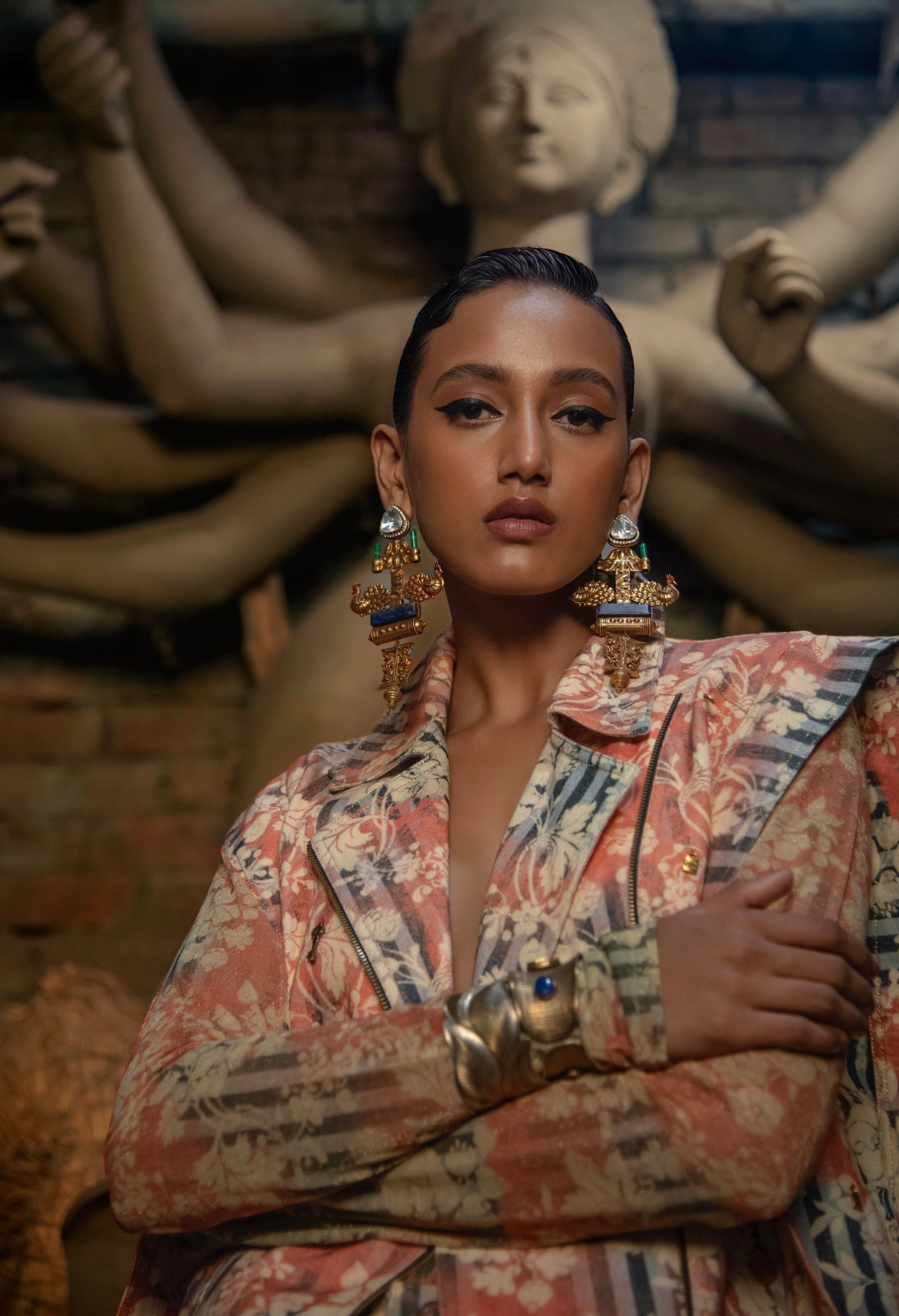 PRINTED DENIM BIKER JACKET WITH PRINTED CARROT FIT DENIMS AND BODYSUIT