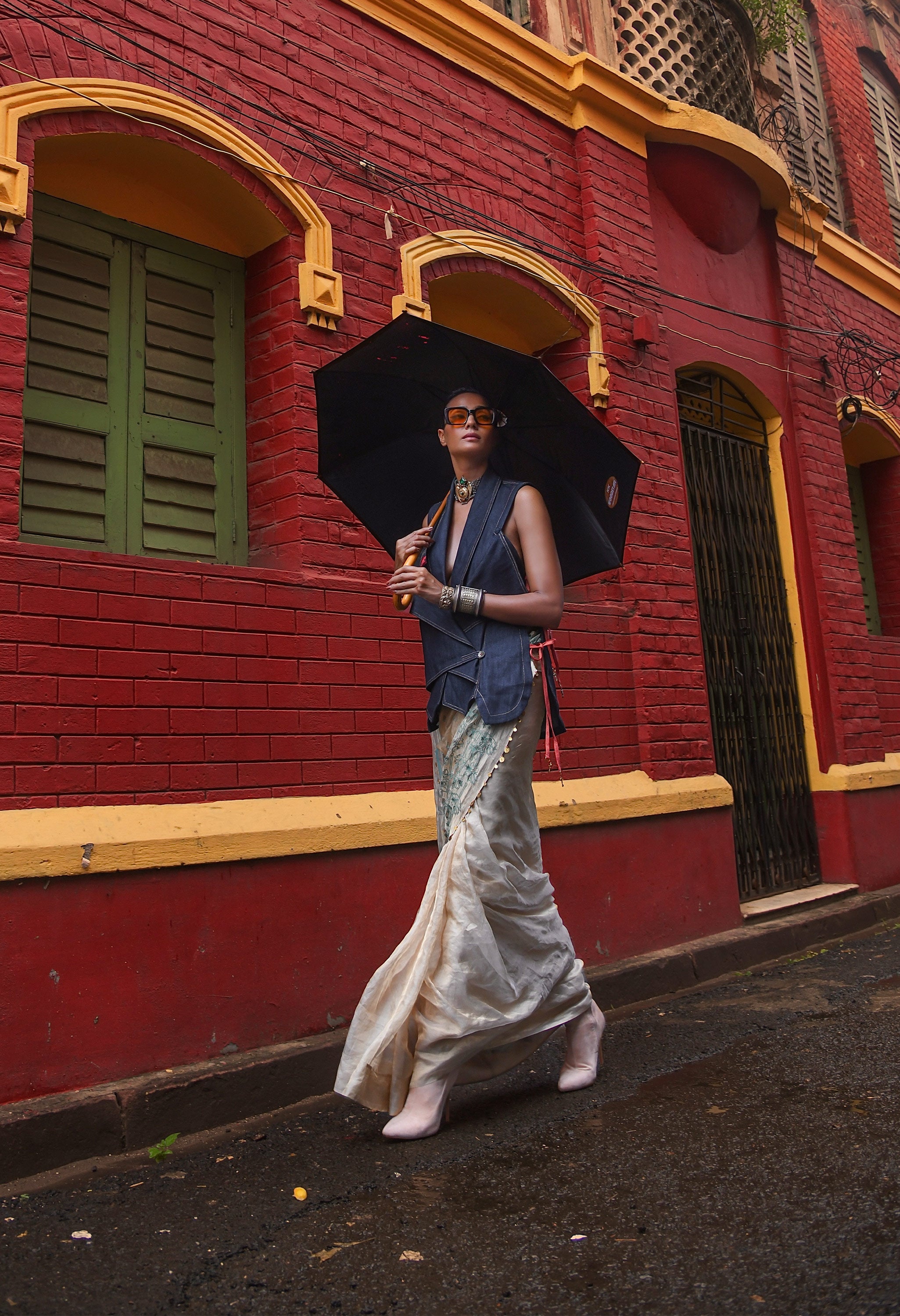 EMBROIDERED GOLD TISSUE SARI WITH DENIM OVERLAP JACKET