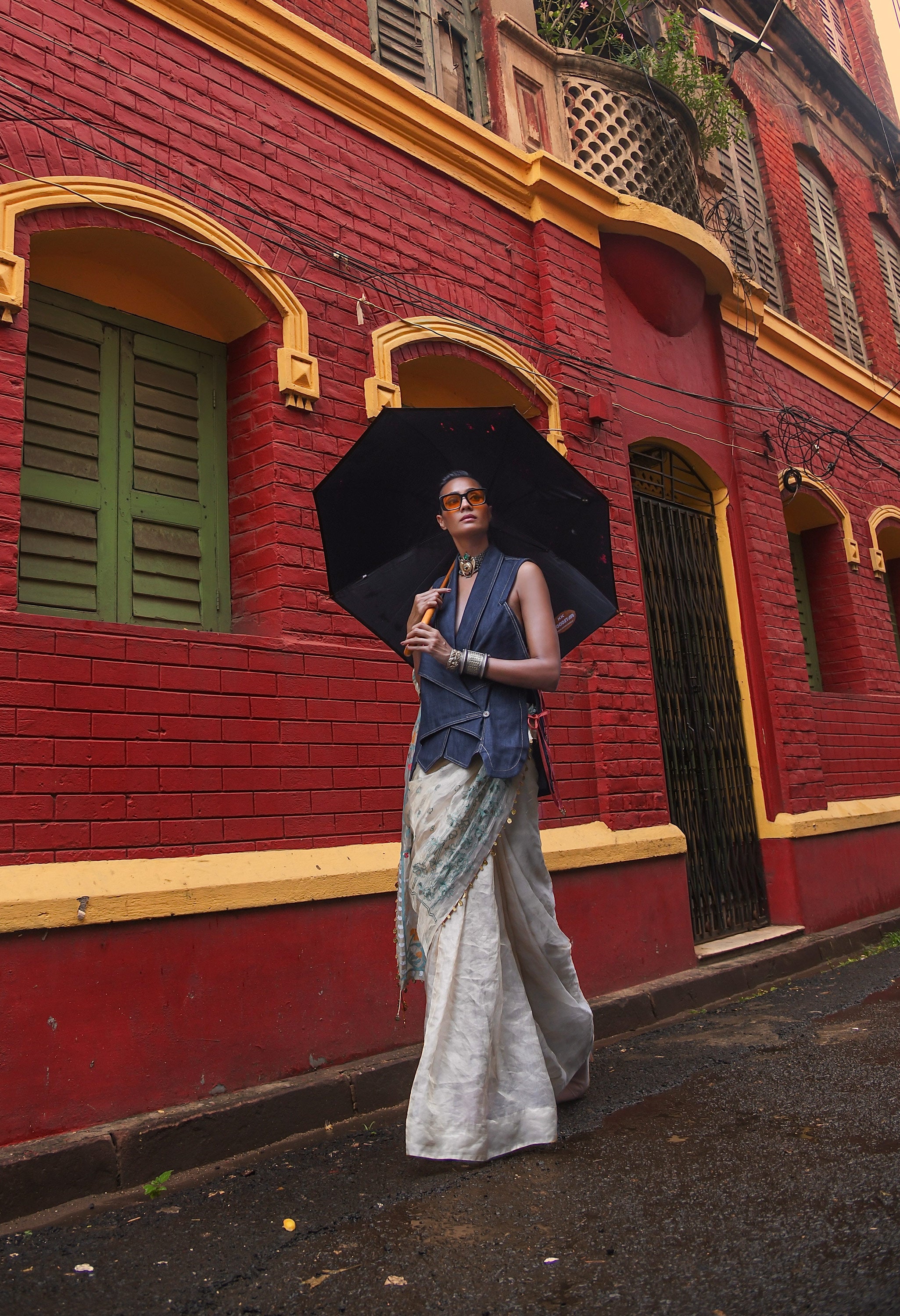 EMBROIDERED GOLD TISSUE SARI WITH DENIM OVERLAP JACKET