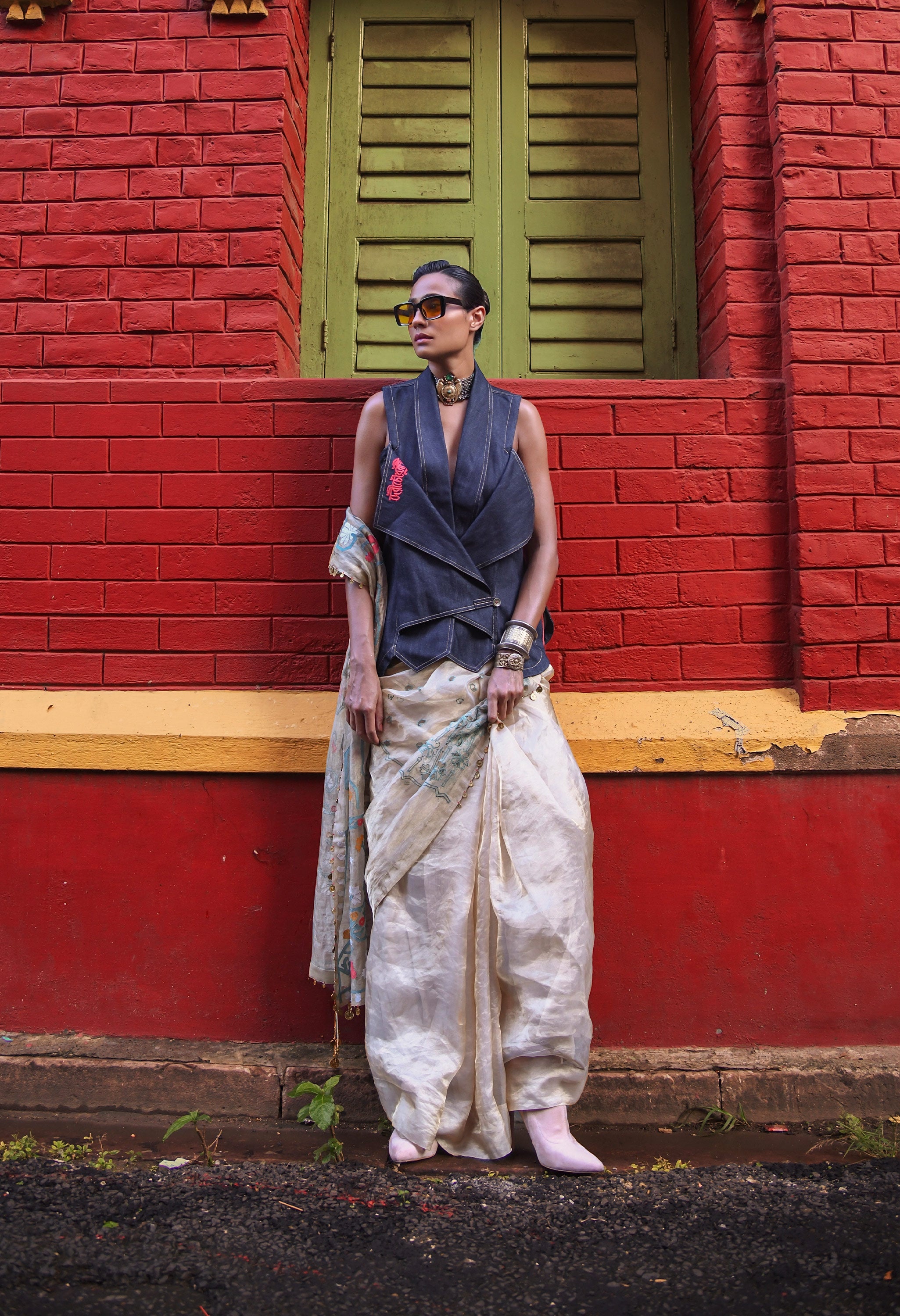 EMBROIDERED GOLD TISSUE SARI WITH DENIM OVERLAP JACKET