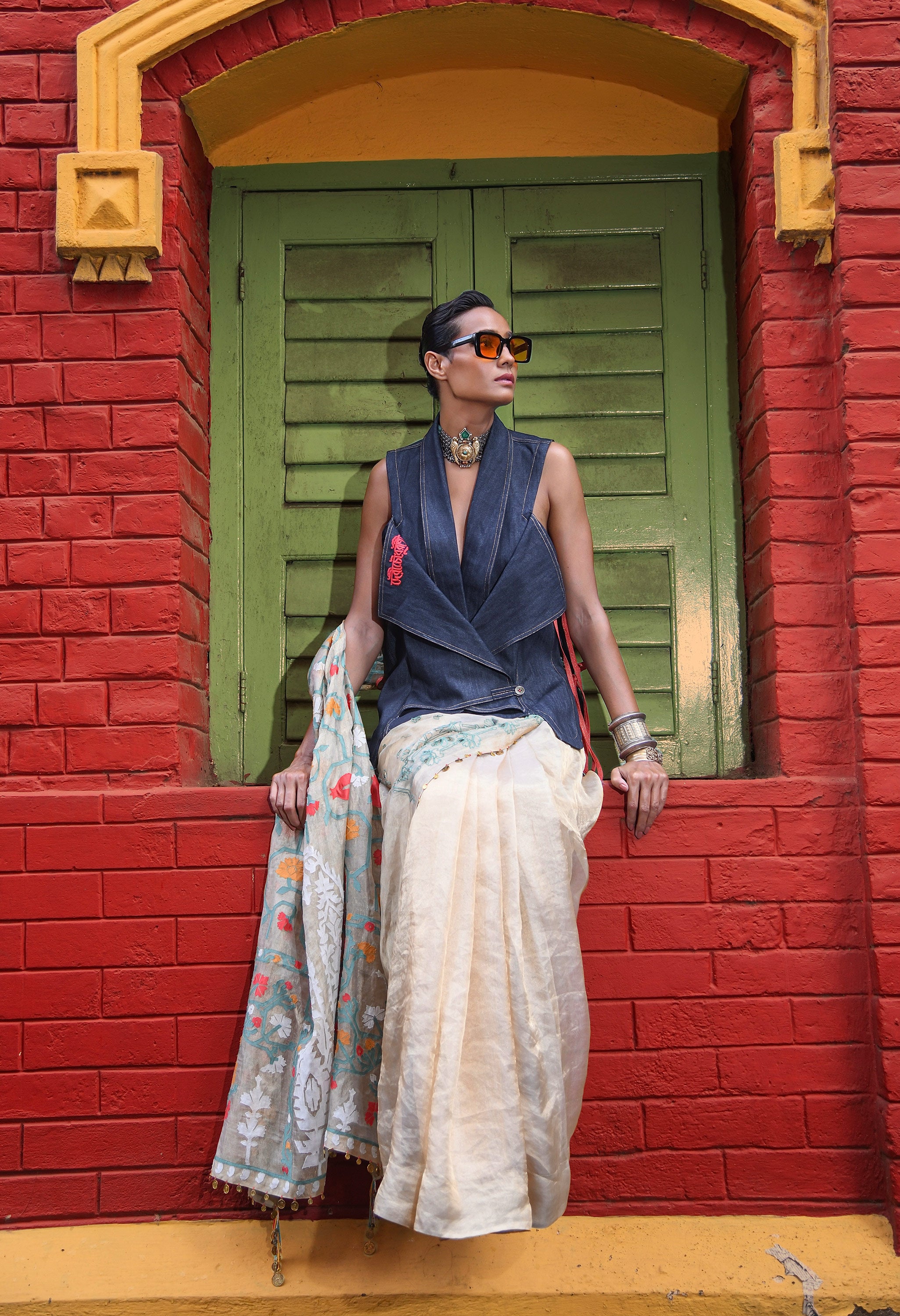 EMBROIDERED GOLD TISSUE SARI WITH DENIM OVERLAP JACKET
