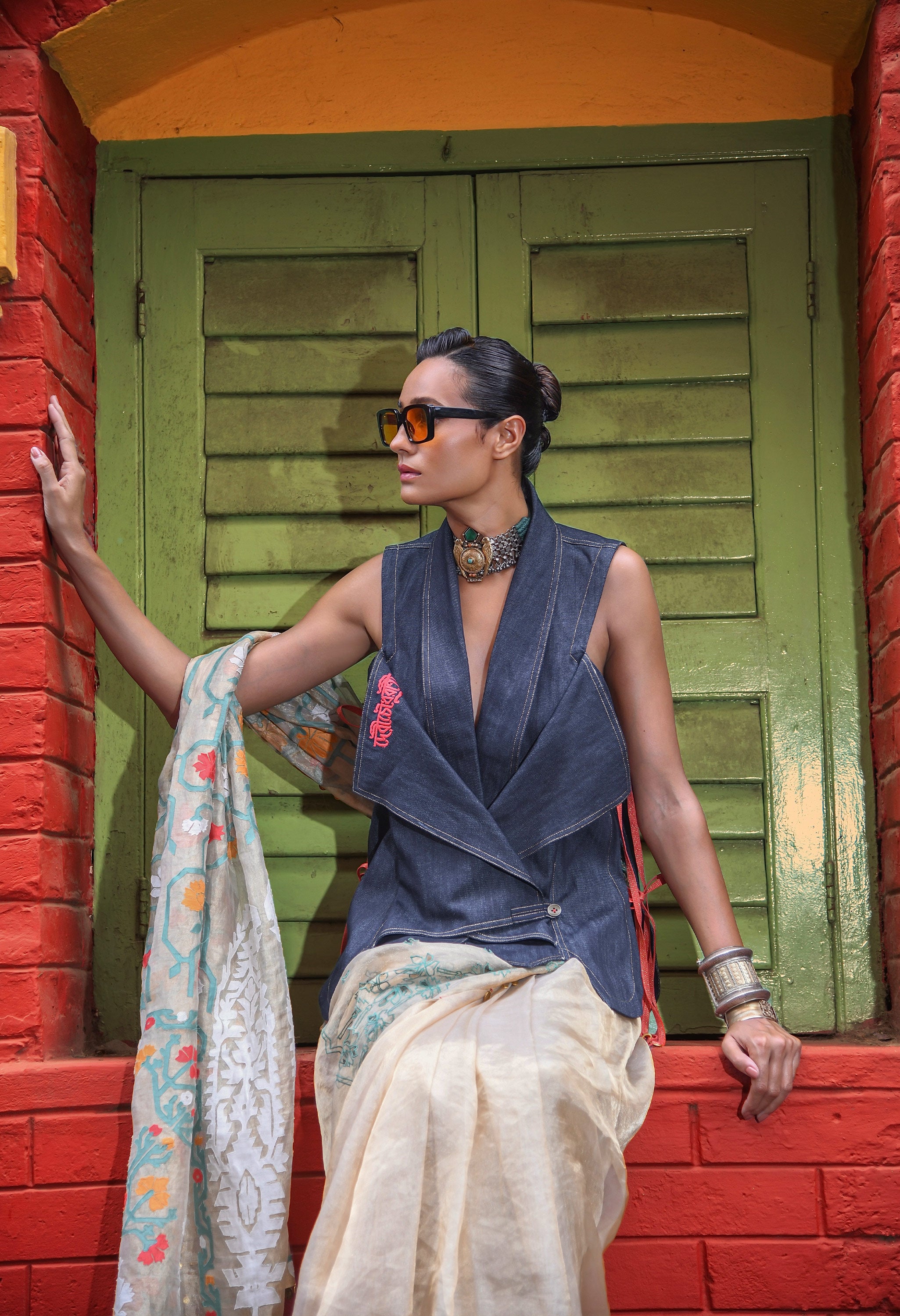 EMBROIDERED GOLD TISSUE SARI WITH DENIM OVERLAP JACKET