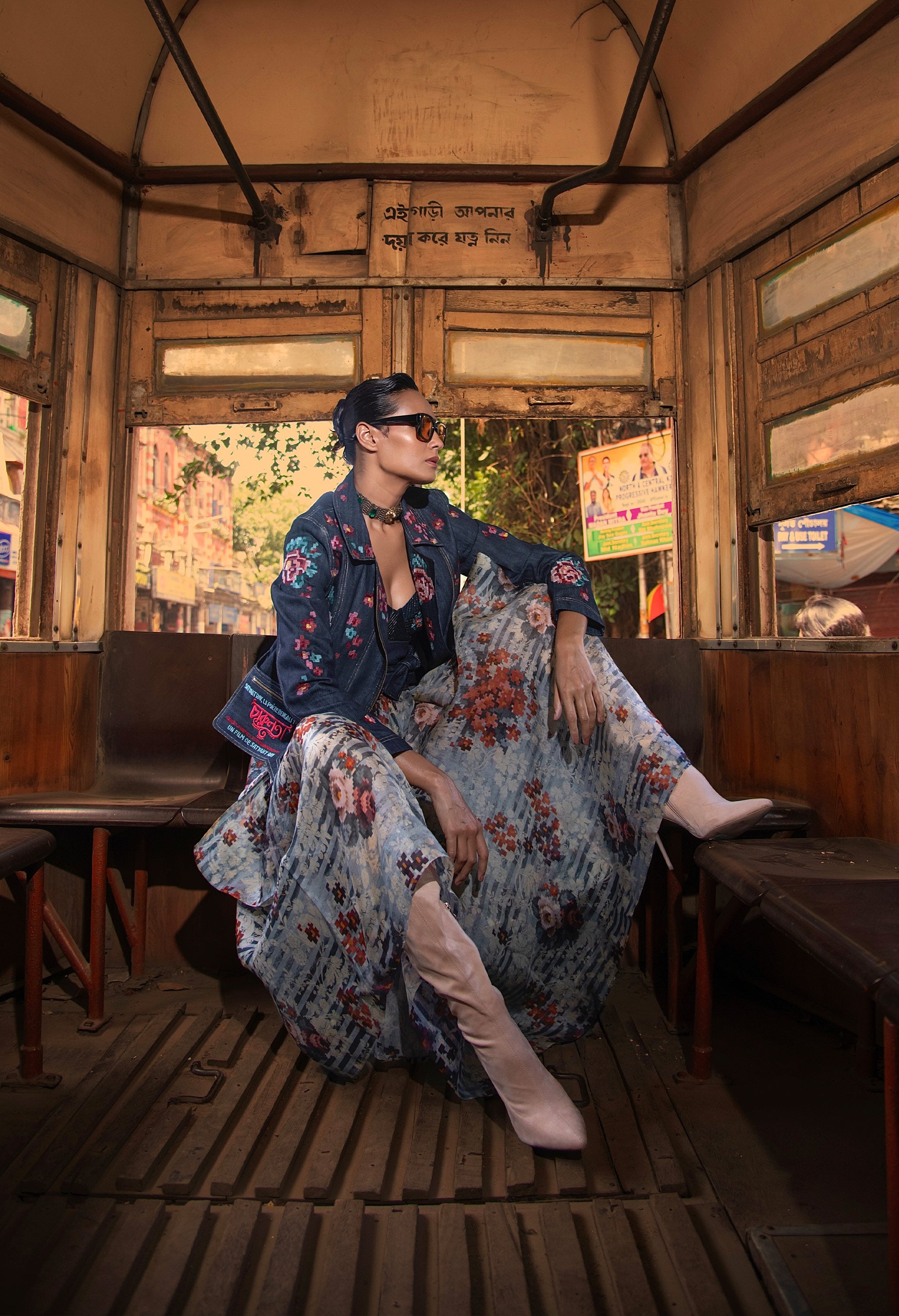 EMB BIKER DENIM JACKET + CORSET DRESS