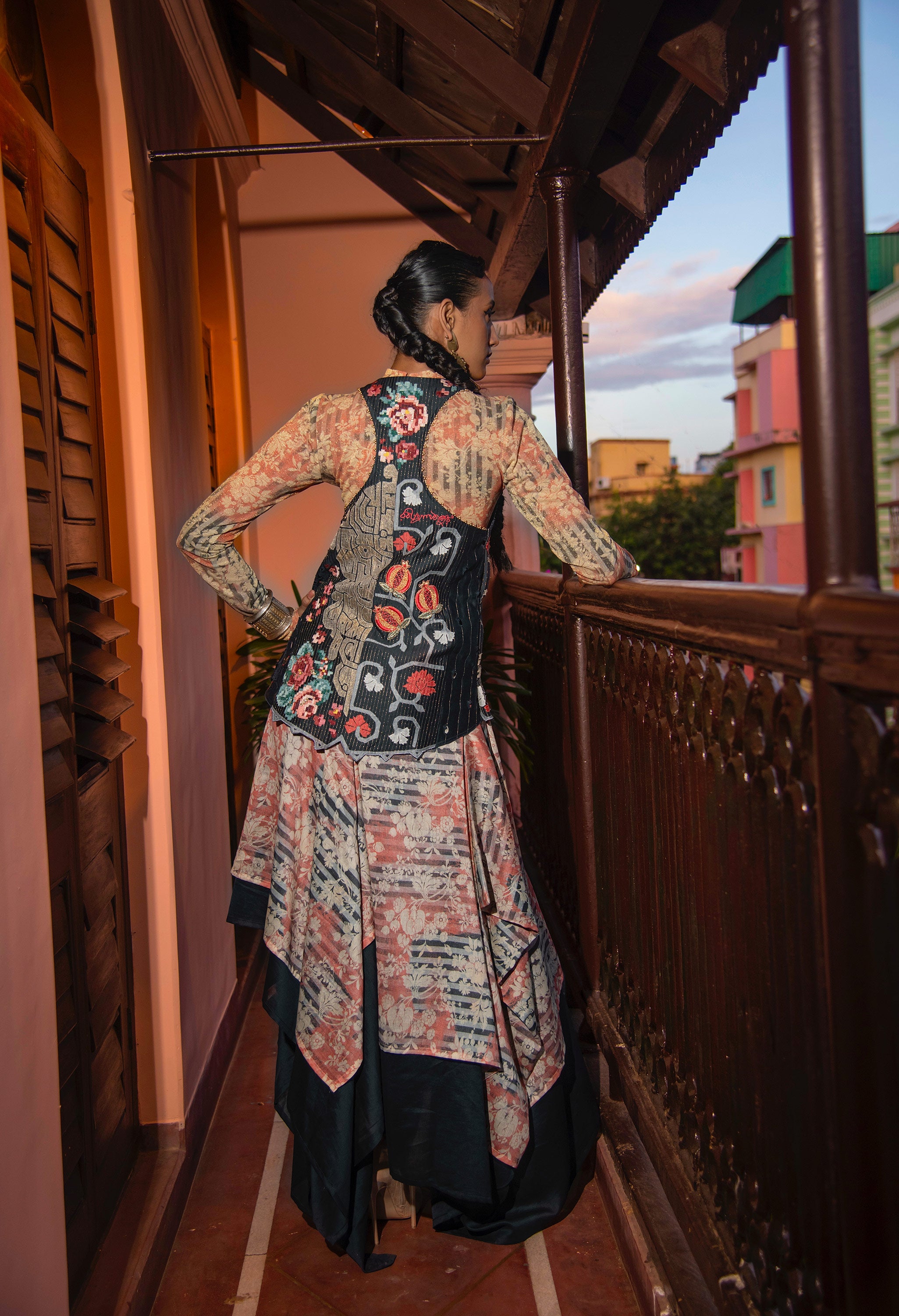 EMB ANGRAKHA STYLE JACKET + ZIPPERED ASSYMTRICAL DOUBLE LAYERED SKIRT WITH BODYSUIT