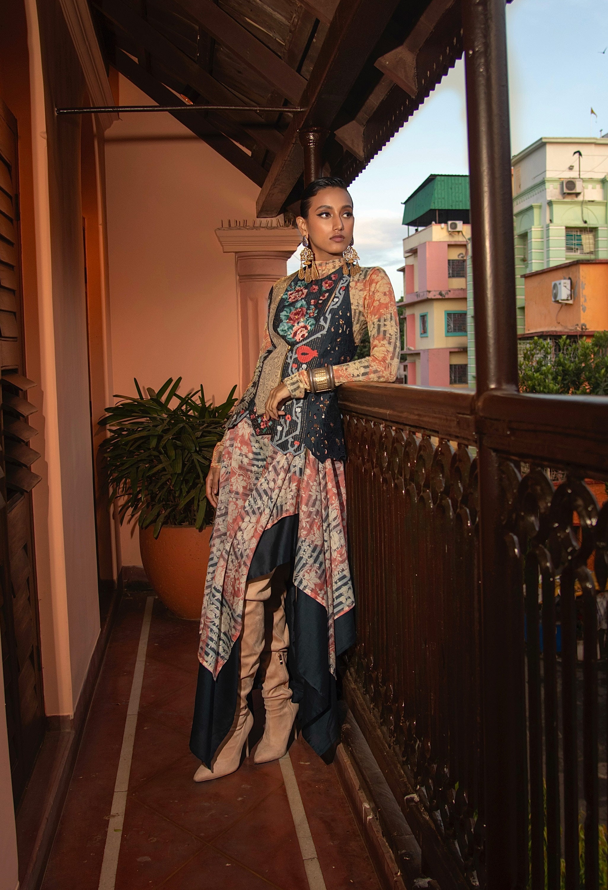 EMB ANGRAKHA STYLE JACKET + ZIPPERED ASSYMTRICAL DOUBLE LAYERED SKIRT WITH BODYSUIT